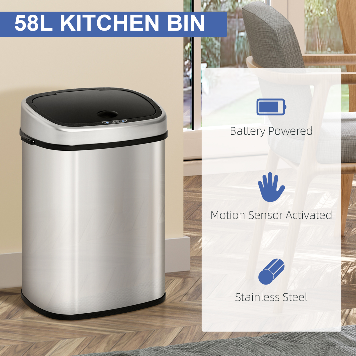 HOMCOM 58L Stainless Steel Touch-Free Sensor Bin with Mirror Finish – Hygienic Kitchen & Office Dustbin