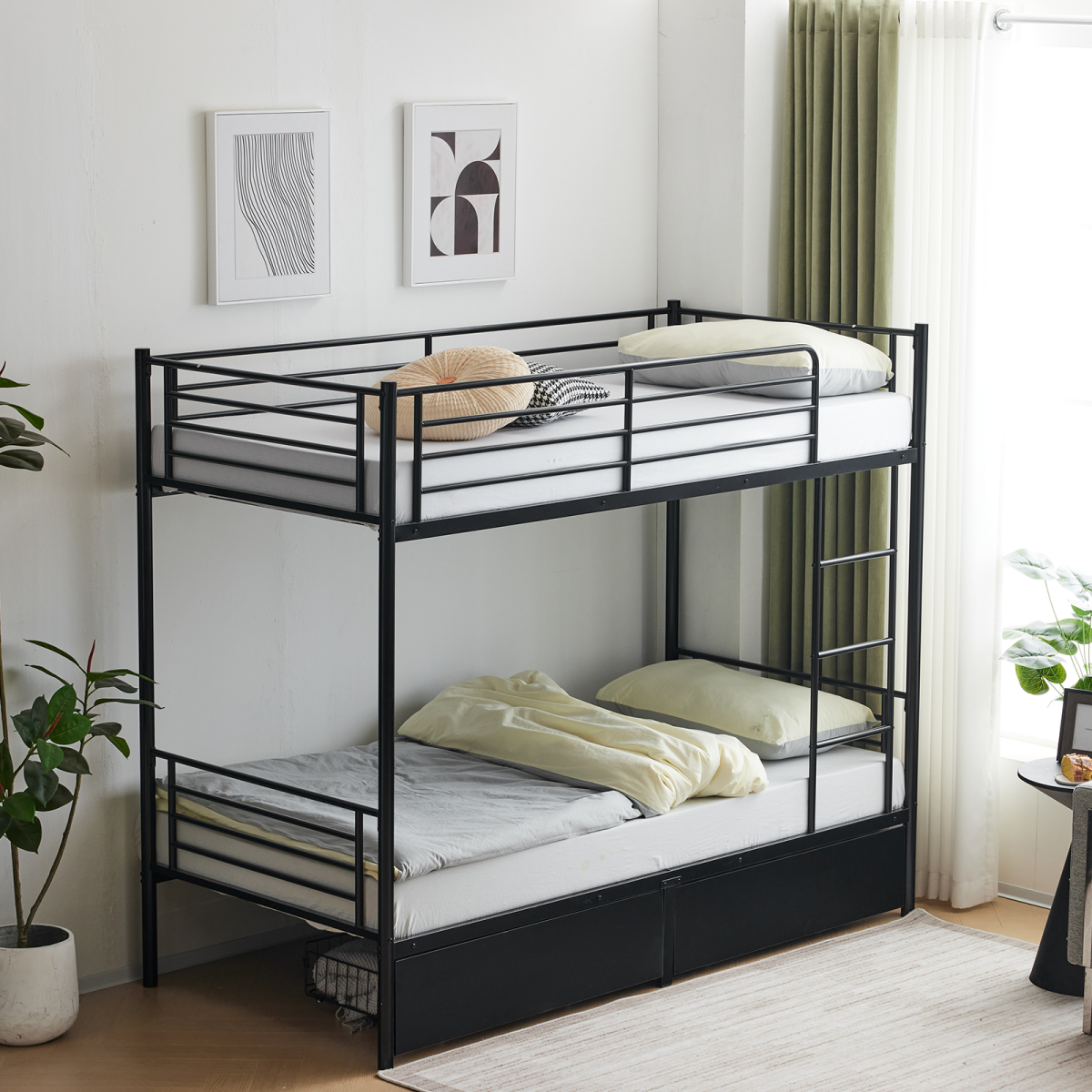 Metal Single Bunk Bed with 2 Storage Drawers, Integrated Ladder & Guard Rail – Black