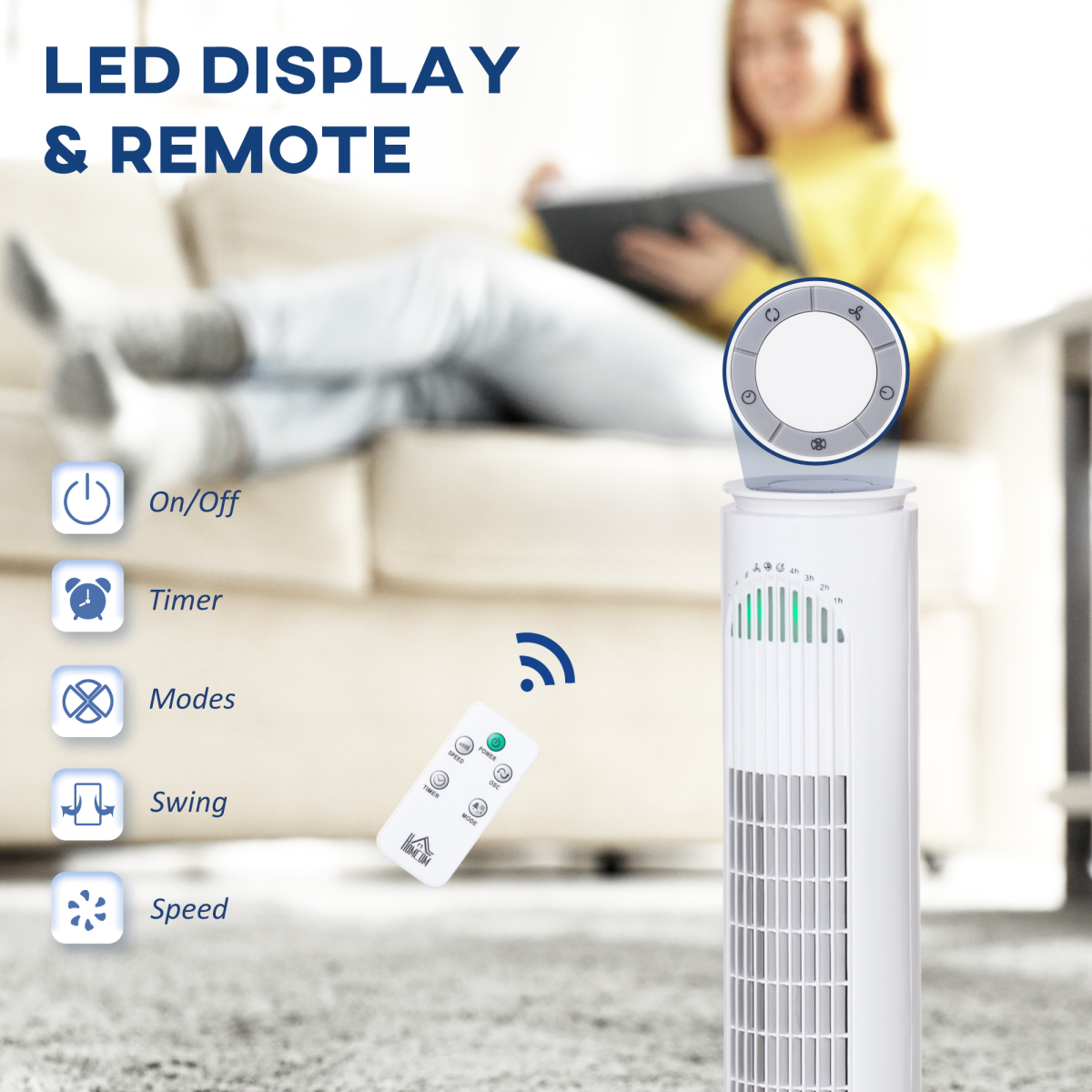 HOMCOM Oscillating Tower Fan with Remote, 3 Speeds, 3 Modes & 10H Timer – Bedroom & Office Cooling, White