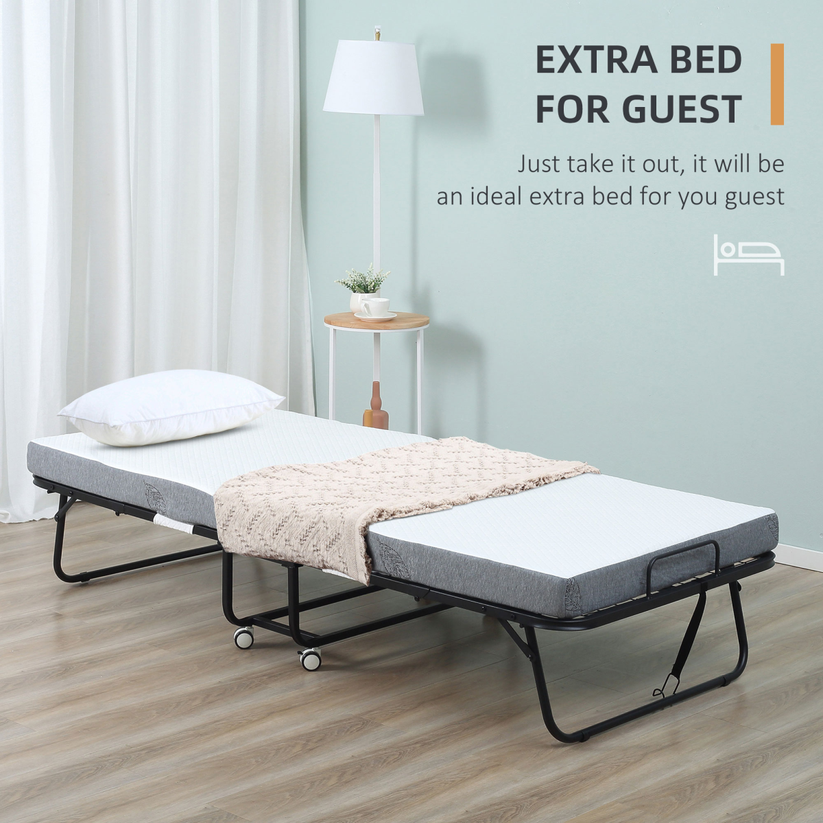 HOMCOM Folding Guest Bed with 10cm Mattress – Portable Metal Frame with Castor Wheels