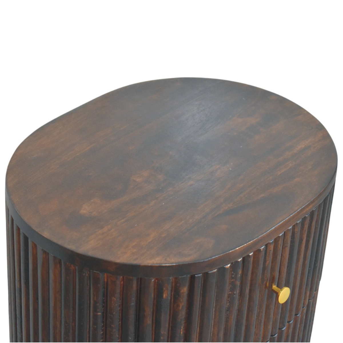 Artisan Furniture Solid Mango Wood Curved Fluted Bedside Table with 3 Drawers and Brass Knobs – Dark Brown