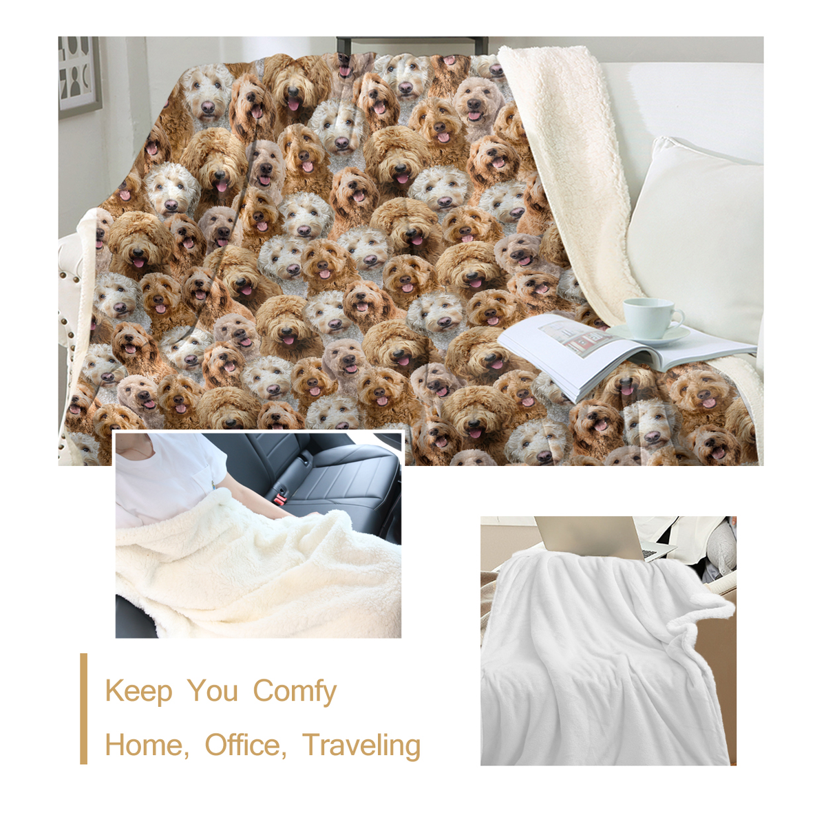 Cockapoo Dog Print Reversible Sherpa Fleece Throw Blanket, 130 x 150cm – Soft Throw for Sofa, Bed or Nursery