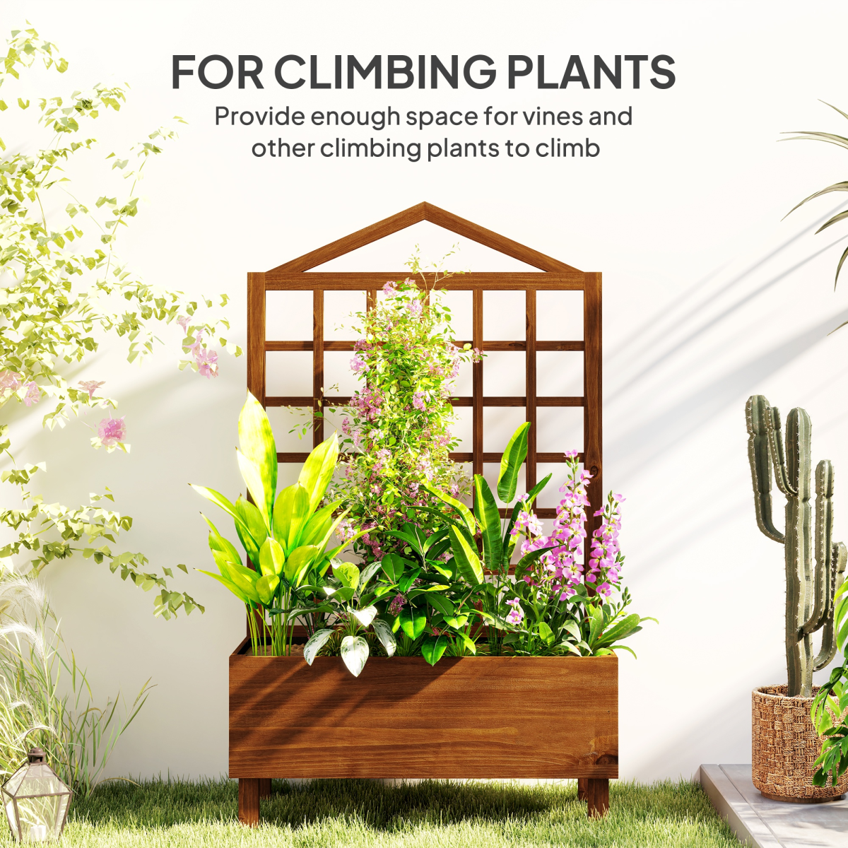 Outsunny Wooden Garden Planter with Trellis & Fabric Liner Bag – Fir Wood Climbing Plant Planter, Brown