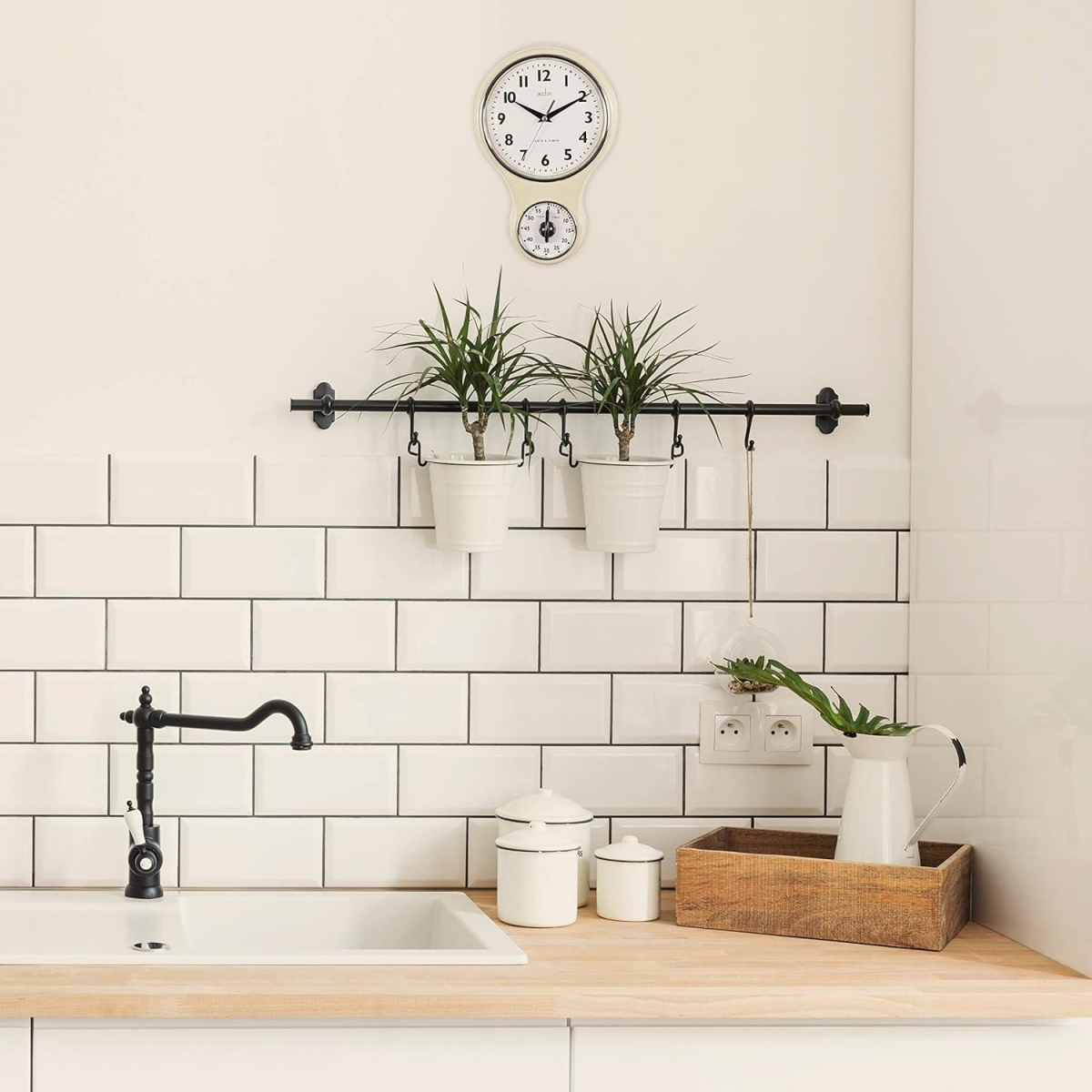 Acctim Kitchen Time 20cm Timer Quartz Retro Style Domed Glass Lens Cream Wall Clock