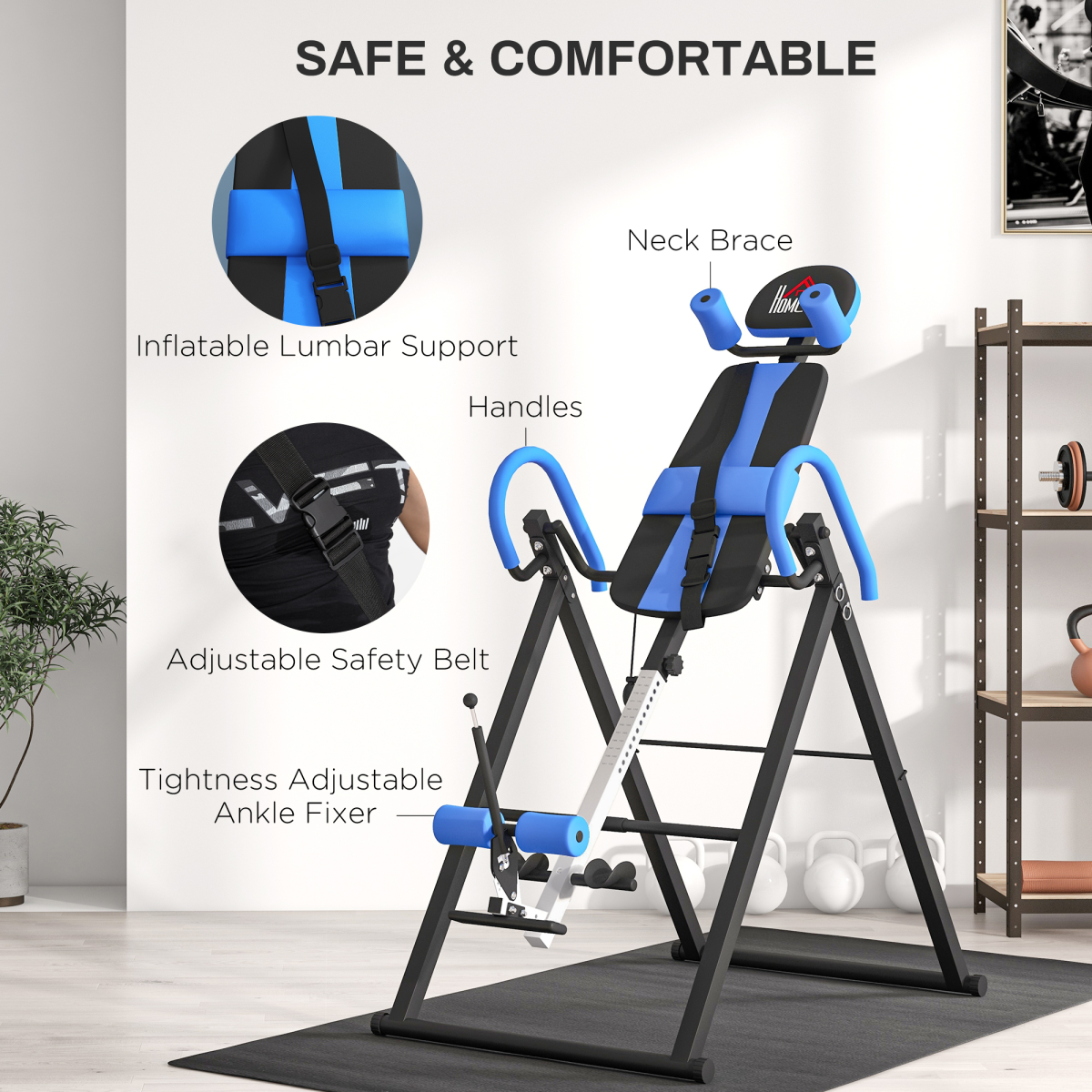 HOMCOM Adjustable Gravity Inversion Table with Safety Belt – Foldable Steel Frame Back Stretcher for Home, Blue