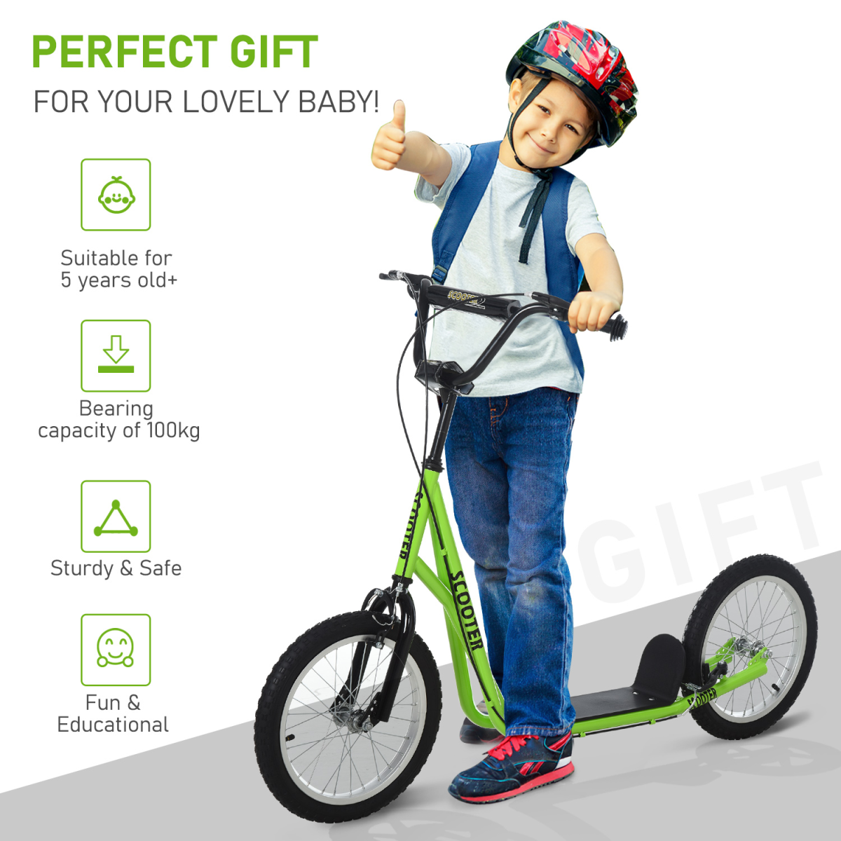 Kids Balance Scooter with Adjustable Handlebar, Anti-Slip Deck and Inflatable Wheels, Light Green