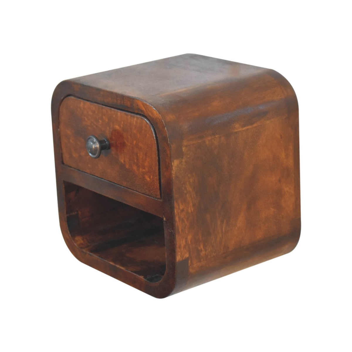Artisan Furniture Extra Mini Curved Bedside Table with Drawer & Open Slot – Solid Mango Wood, Chestnut, Brown