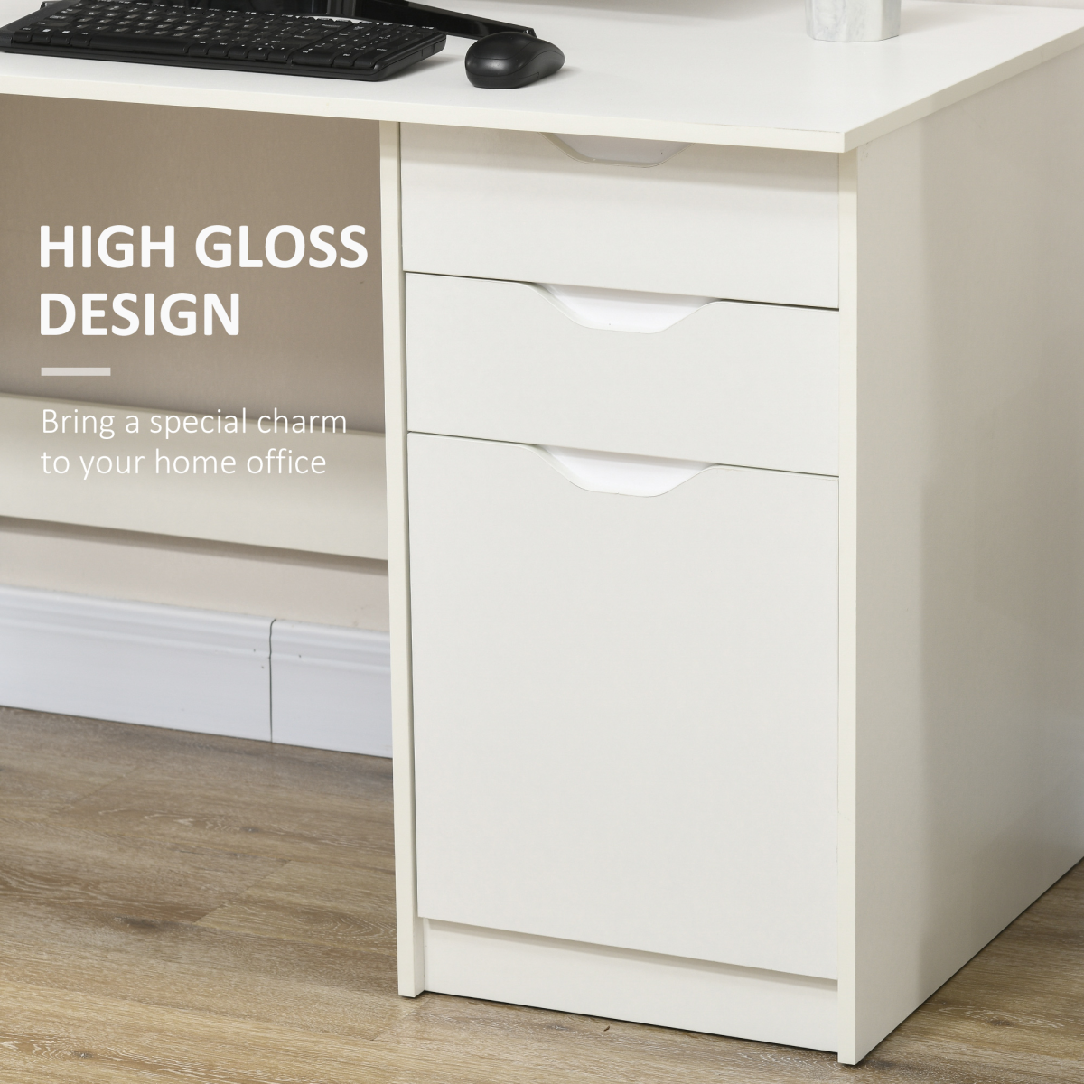 HOMCOM Computer Desk with 3 Drawers, High Gloss Finish & Legroom – Home Office Workstation, White