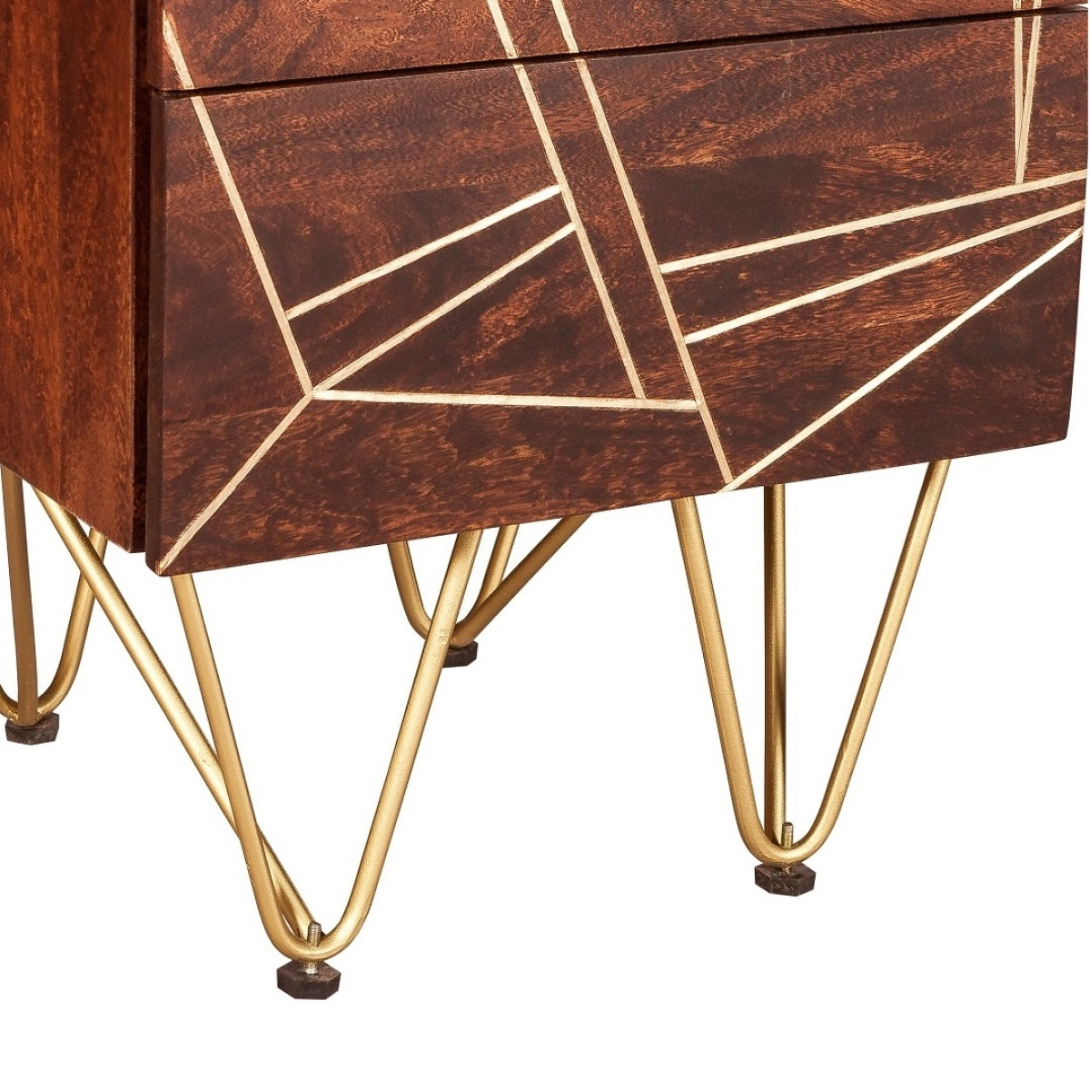 Indian Hub 2 Drawer Side Table with Dark Gold Metal Inlay – Solid Wood Bedside & Sofa Storage