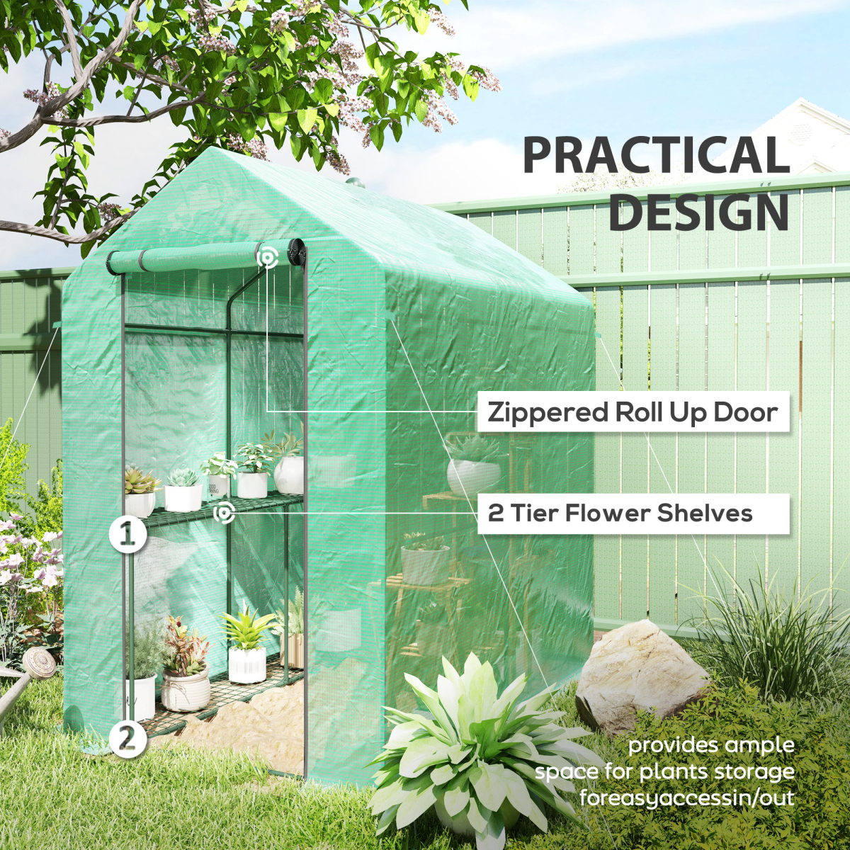 Outsunny Walk-In Greenhouse with 4 Shelves, UV-Resistant PE Cover & Zipped Door, 120 x 186 x 190cm, Green