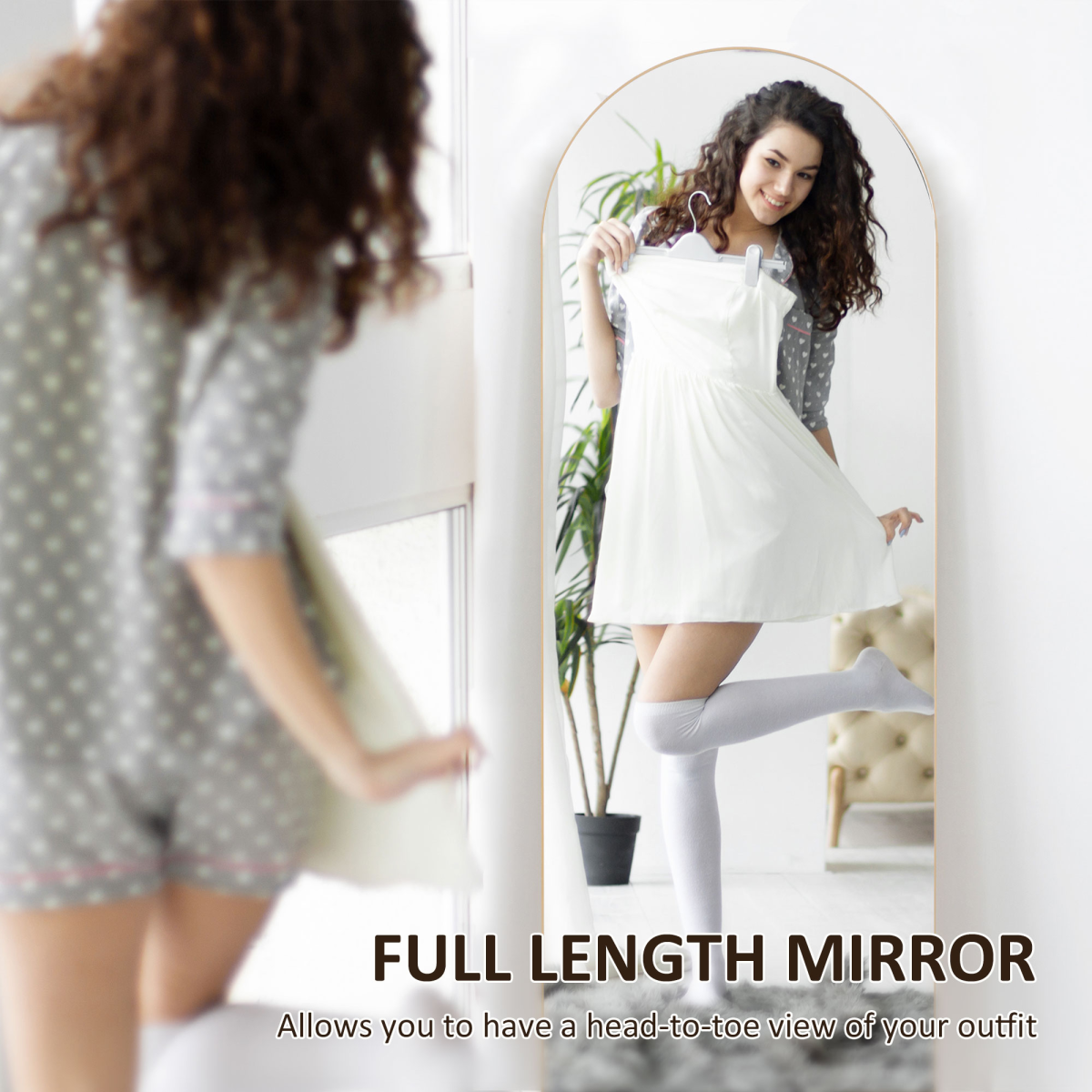 HOMCOM Full Length Curved Floor Mirror 150 x 50cm with Shatter-Proof Film – Wall Mount or Freestanding, Gold
