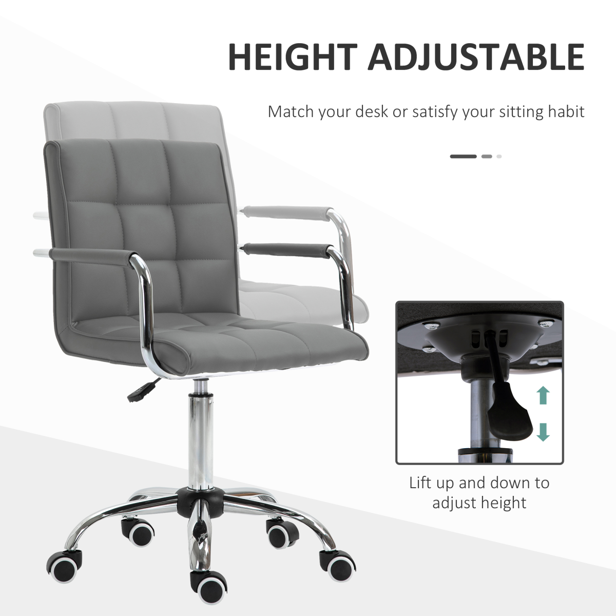 Vinsetto Mid Back PU Leather Office Chair with Armrests and Wheels – Height Adjustable Swivel Desk Chair, Grey