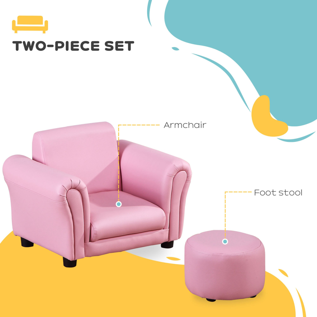 HOMCOM Kids Sofa with Footstool – Toddler Armchair for Playroom and Bedroom, Pink