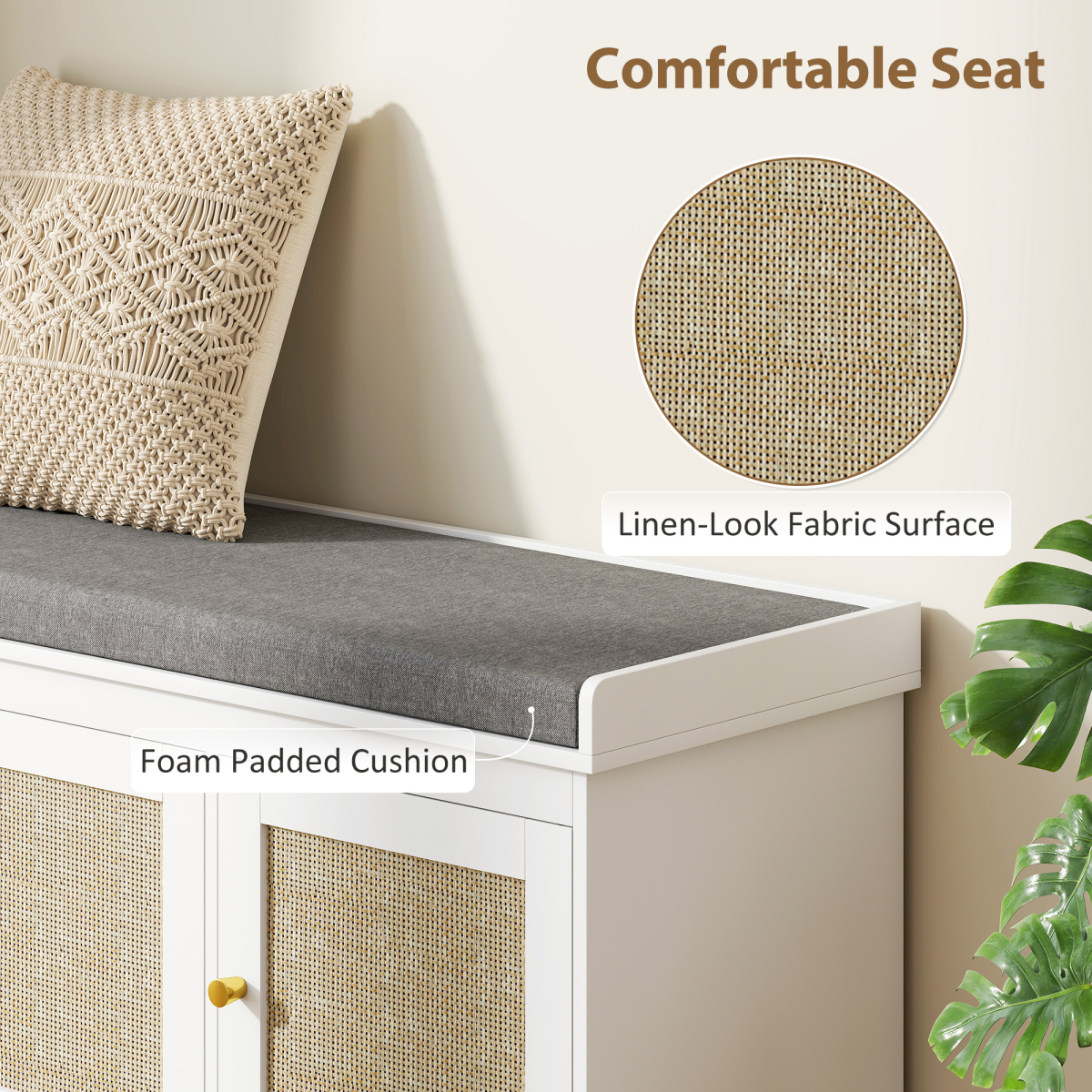 HOMCOM Shoe Storage Bench with Rattan Doors and Seat Cushion – Boho Entryway Shoe Cabinet Bench, White and Grey