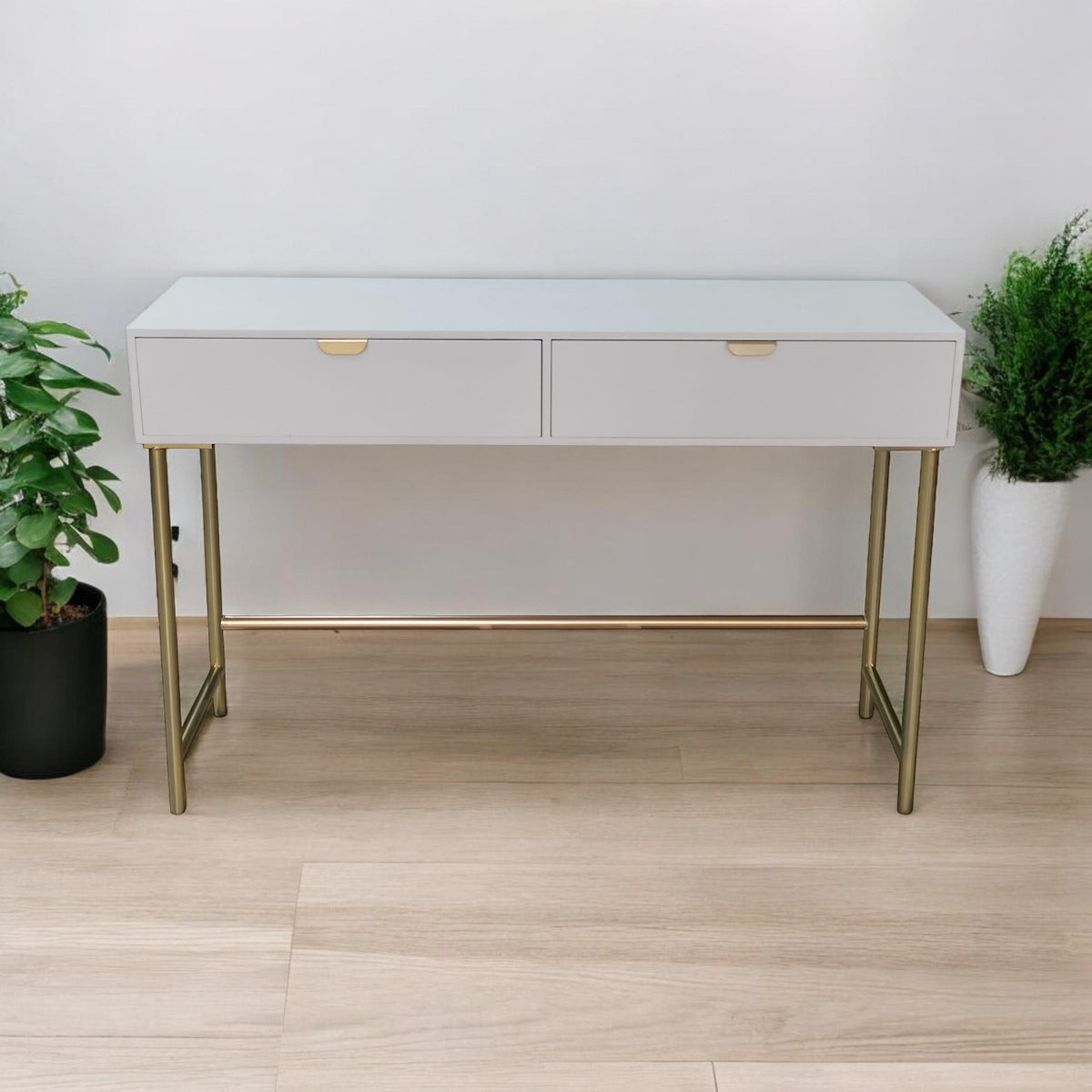 Modern 120cm Wooden 2-Drawer Side Table with Spacious Tabletop – Living Room & Hallway Storage, White