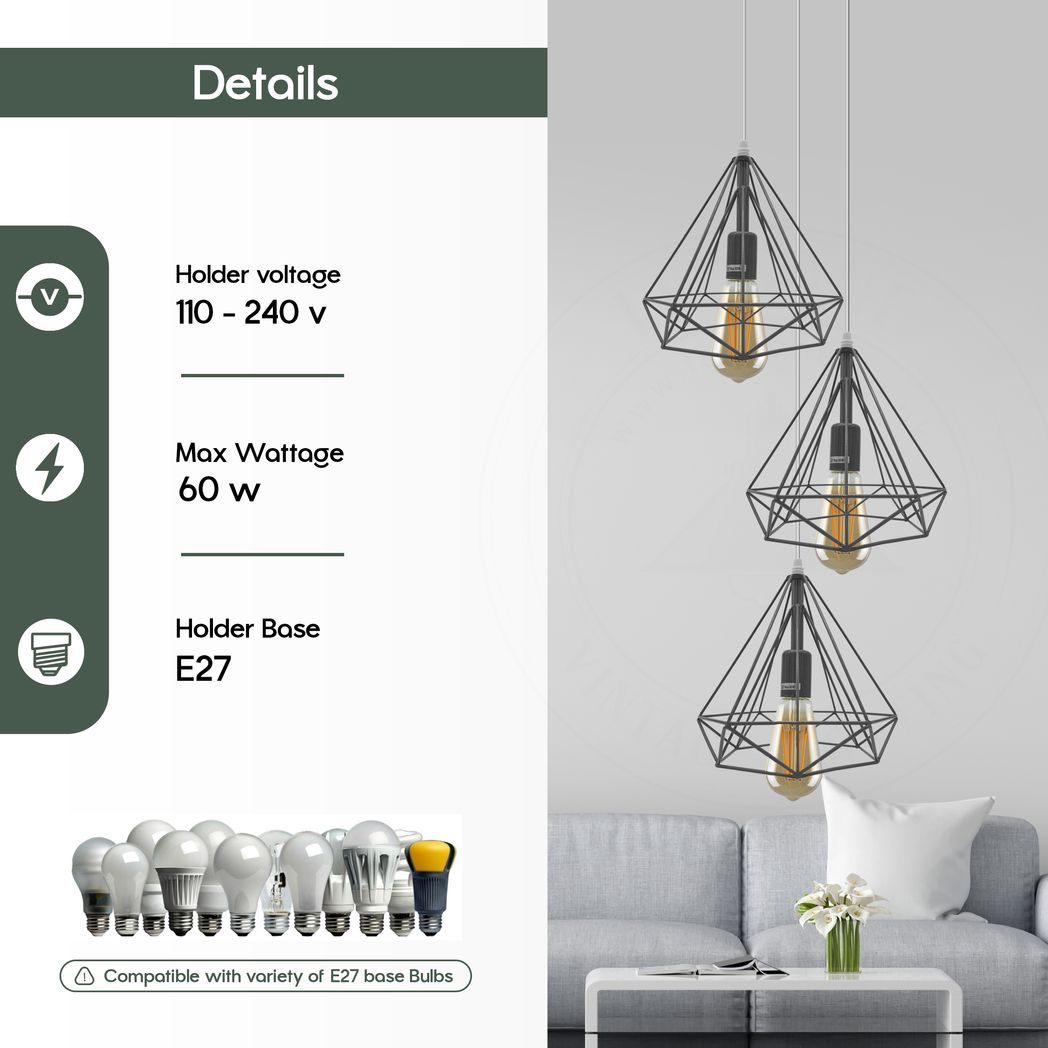 LEDSONE 3-Head Round Base Vintage Industrial Cage Pendant Light, E27 Dimmable – Loft Style Metal Lamp