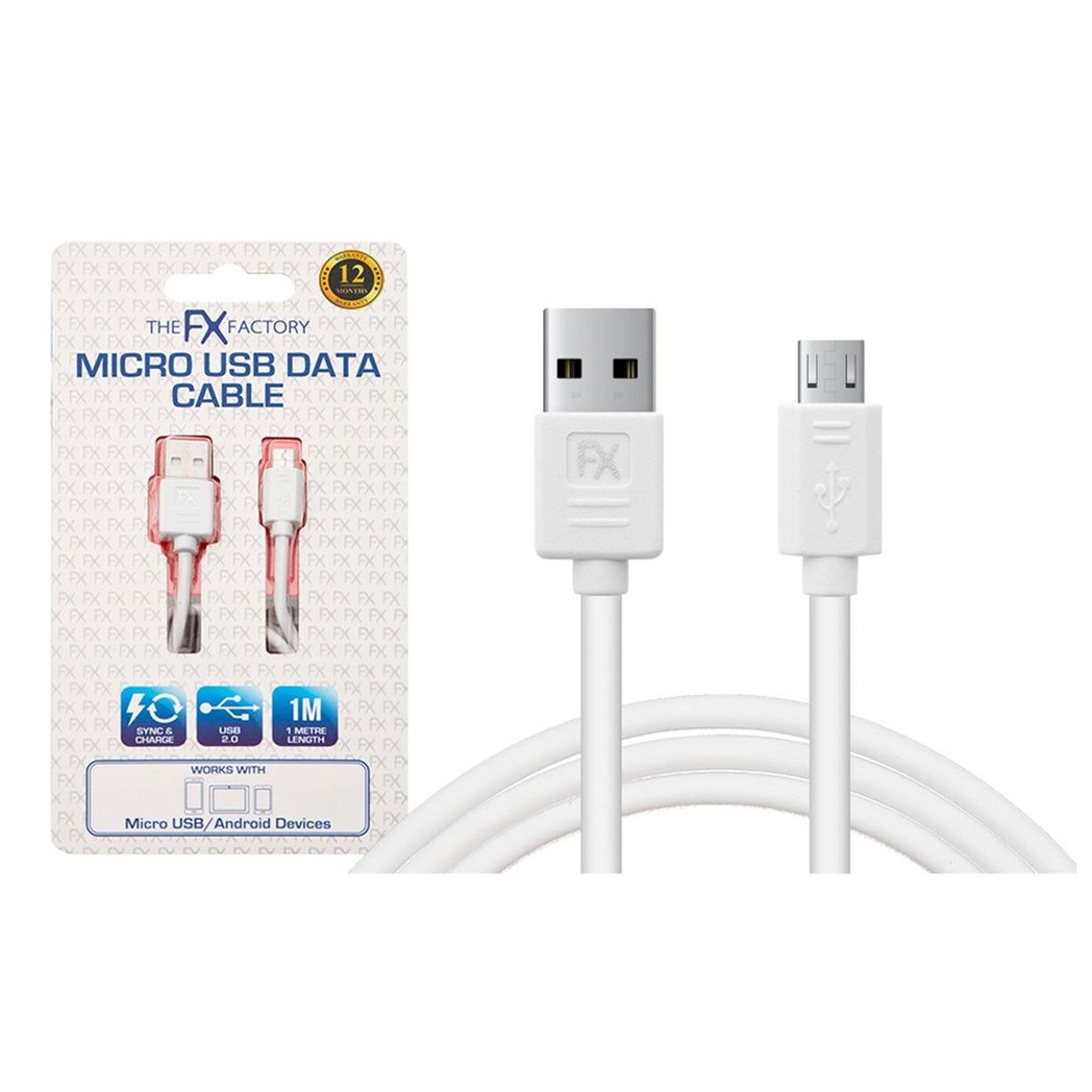 FX Powabud USB Data Cable for Micro USB Devices – Fast Sync & Charge, White
