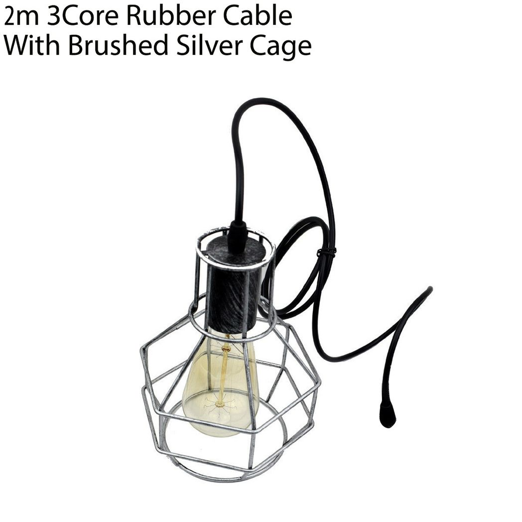 LEDSONE 2m Double Pendant Light with Wire Nest Cage Shades and E27 Holders – Farmhouse Style, Brushed Silver