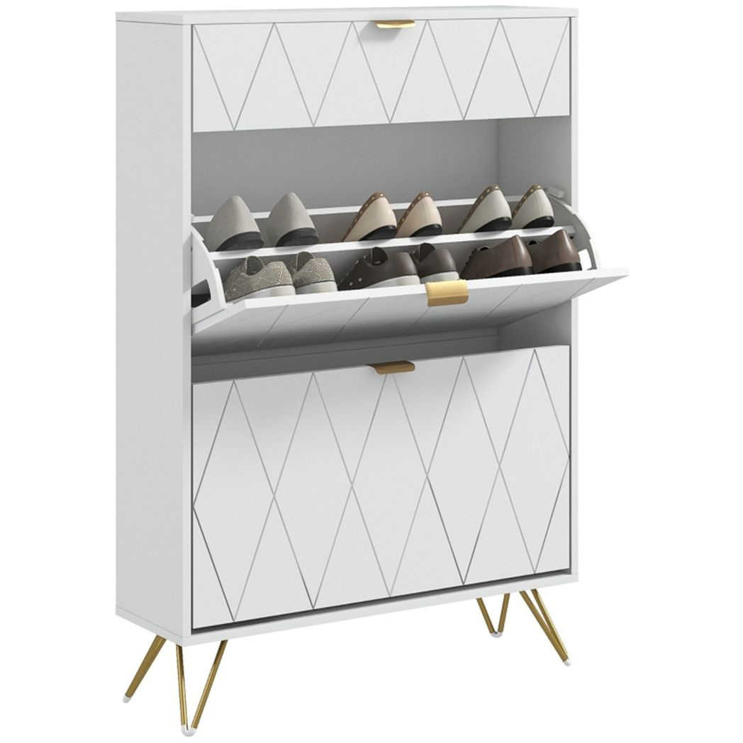 Narrow Shoe Storage Cabinet with 2 Flip Drawers & Top Drawer – Slim Shoe Cupboard for 12 Pairs, White