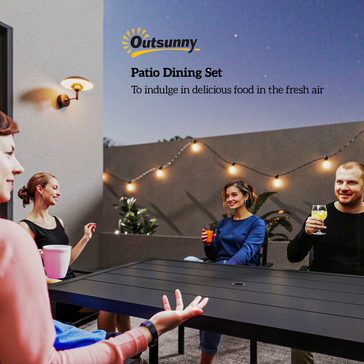 Outsunny 7-Piece Garden Dining Set with 6 Stackable Armchairs & Metal Table – Umbrella Hole, Black