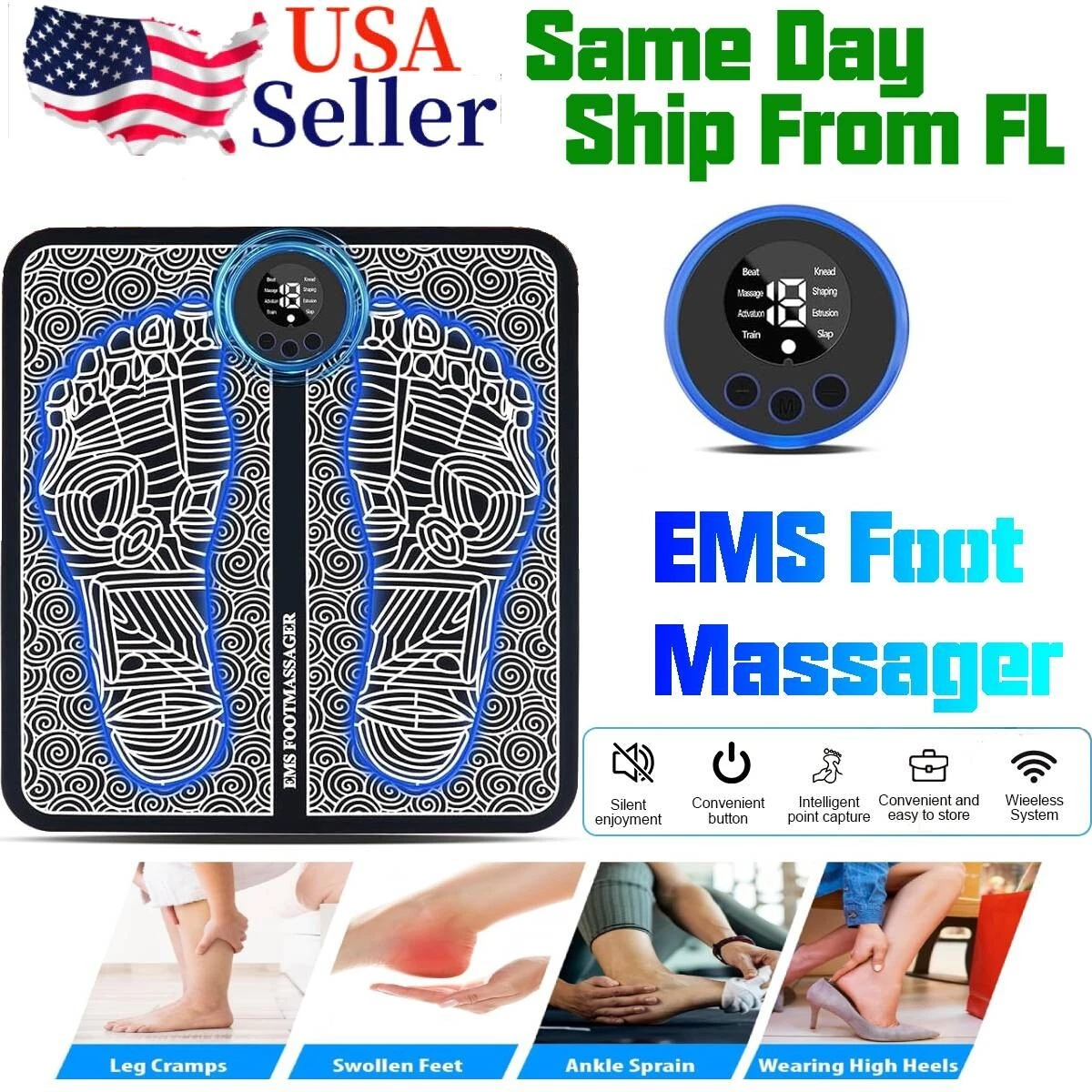 Electric Foot Massager Pad with 19 Intensity Levels & 8 Modes – Rechargeable USB Foot Massage Mat, Black