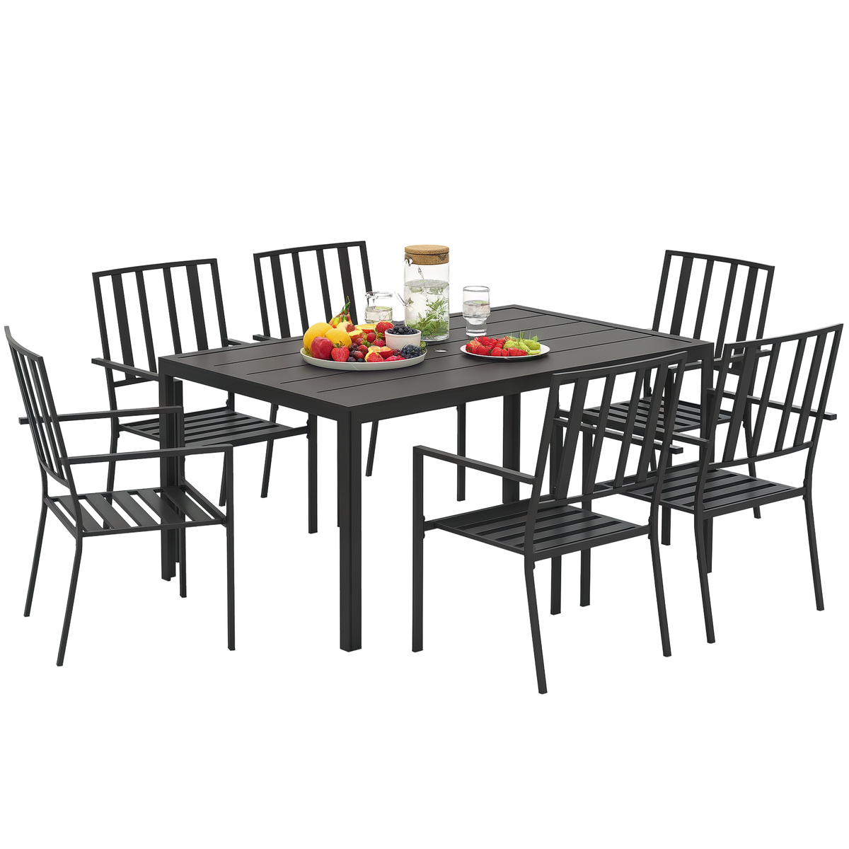 Outsunny 7-Piece Garden Dining Set with 6 Stackable Armchairs & Metal Table – Umbrella Hole, Black