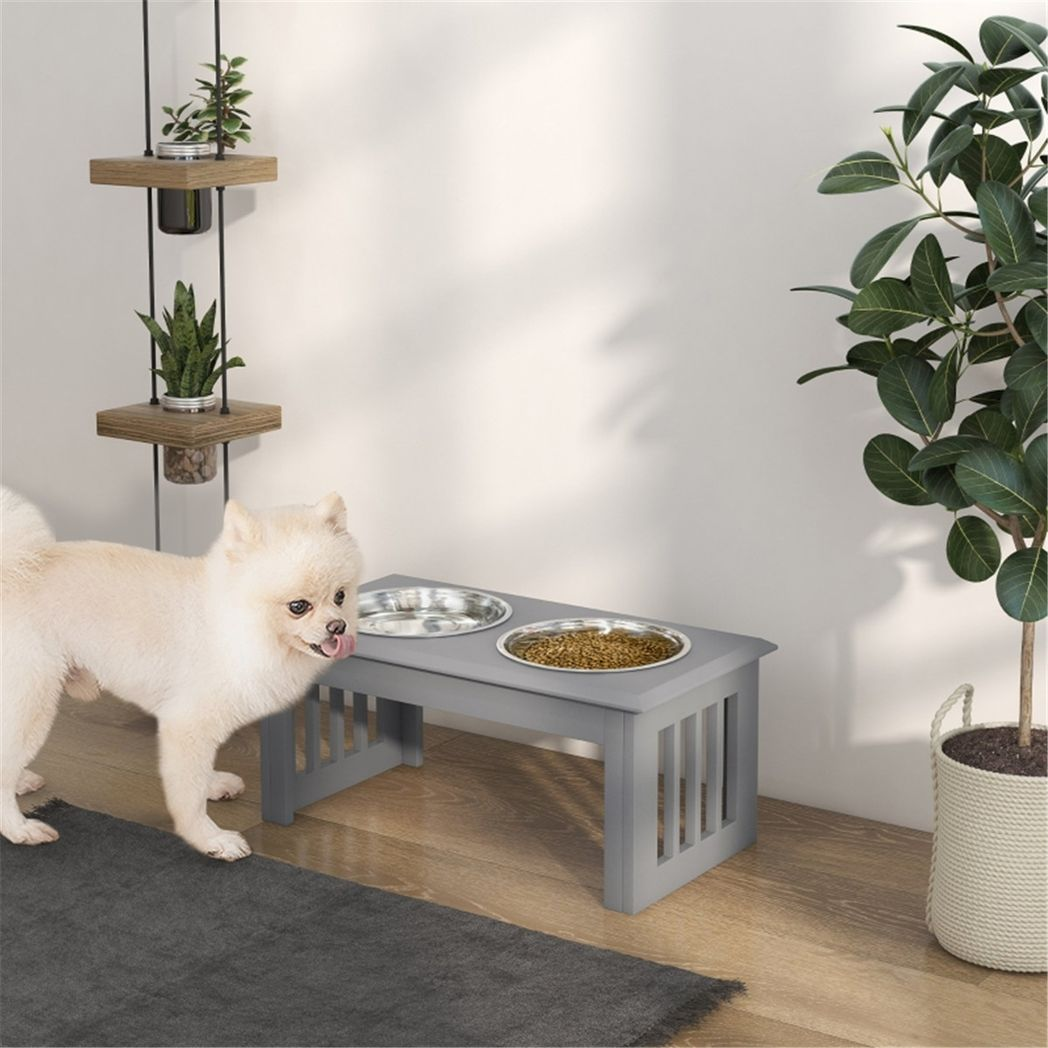 PawHut Elevated Dog Bowls with Stainless Steel Double Bowls & Anti-Slip Feet – Raised Pet Feeder Stand, Grey