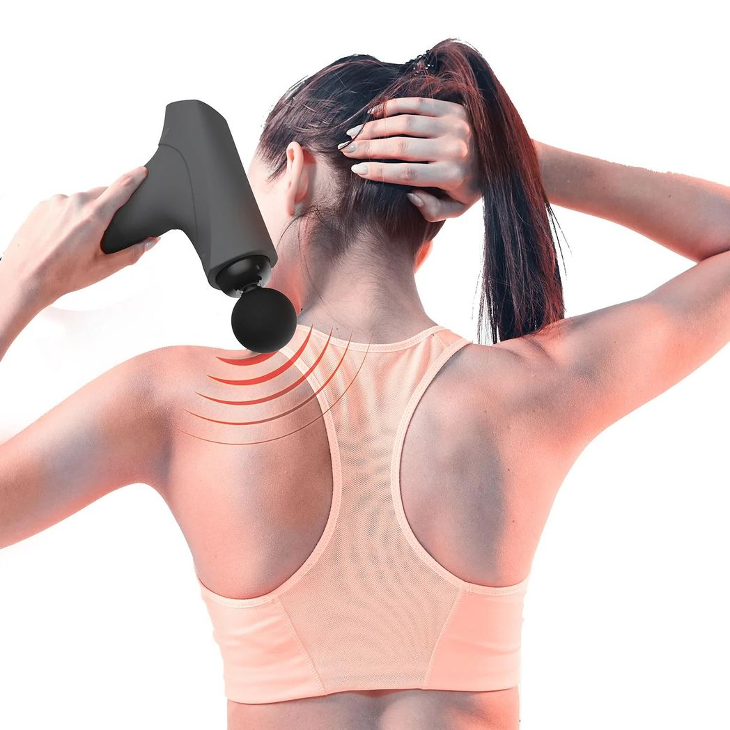 Gymcline Compact Massage Gun with 1500mAh Battery, 3 Speed Modes and 3 Massage Heads – Muscle Recovery, Grey
