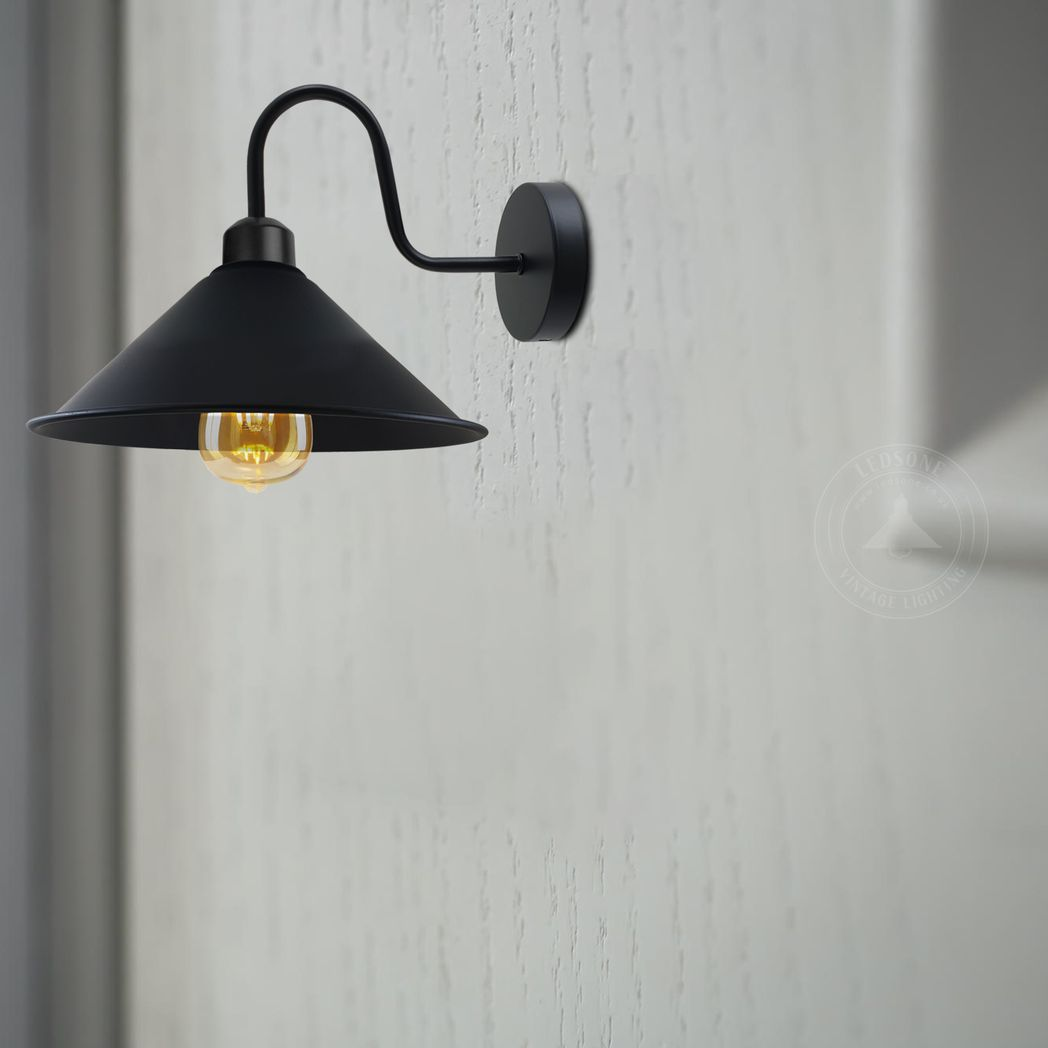 Vintage Swan Neck Wall Light with Cone Shade and E27 Socket – Dimmable Indoor Wall Sconce, Black
