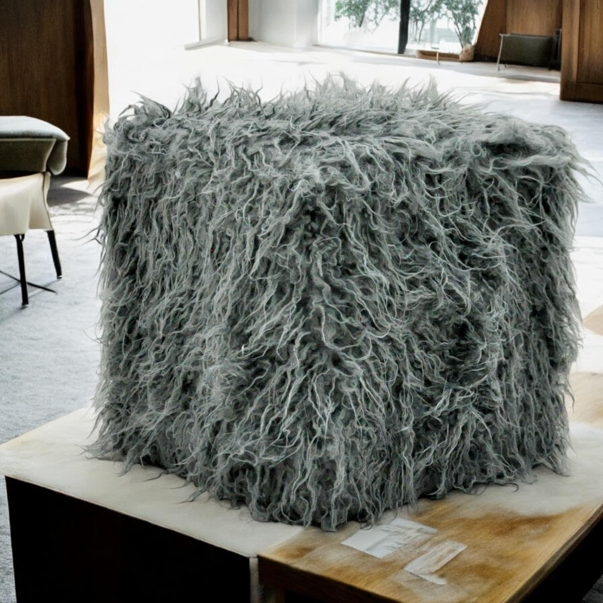 Dark Grey Faux Fur Cube Ottoman Footstool, 38cm – Super-Soft Sponge-Padded Footrest for Home or Office