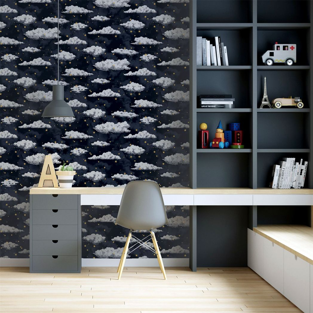 Arthouse Stars and Clouds Wallpaper with Gold Metallic Stars – Children's Nursery Design, Navy