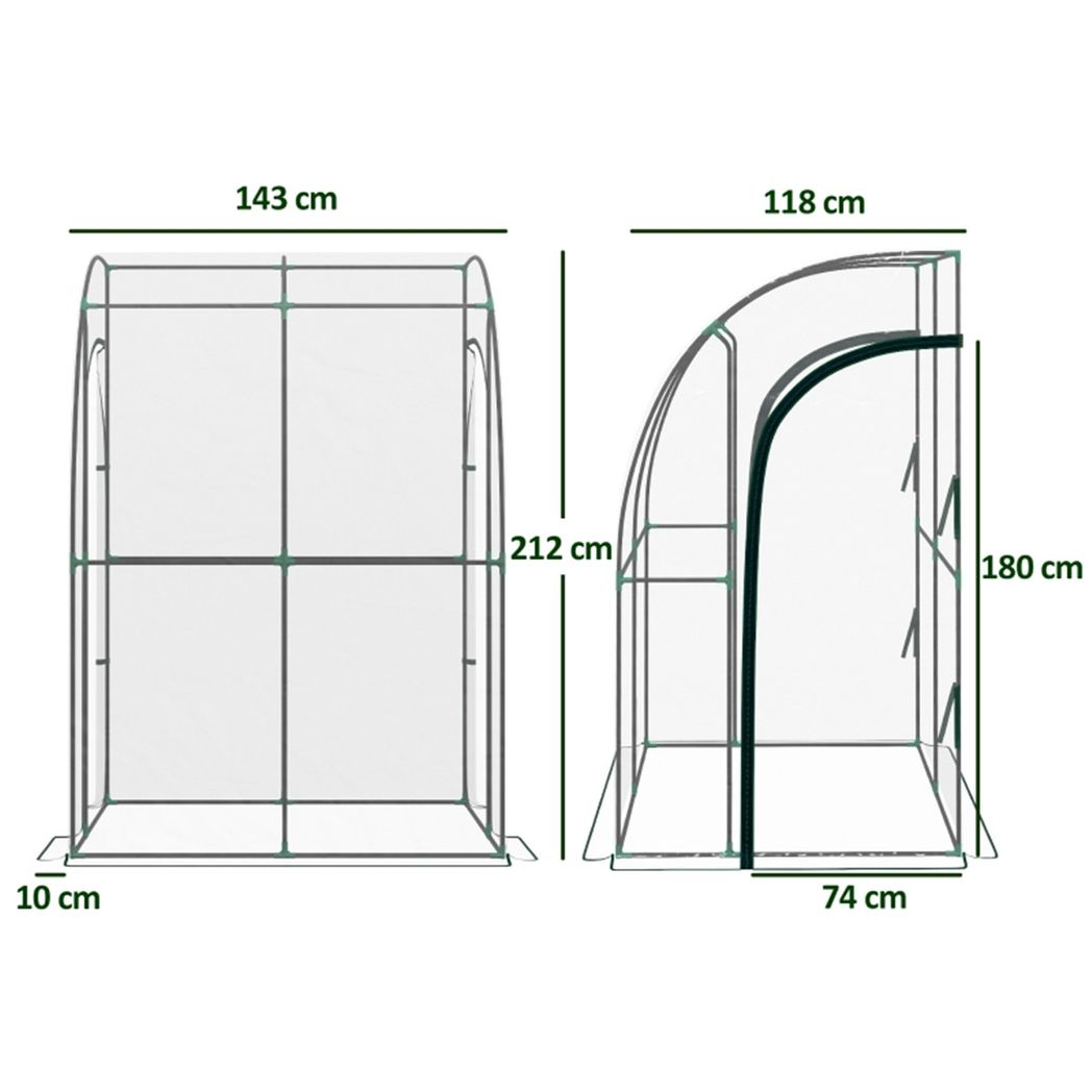 Walk-In Lean-To Wall Greenhouse with Steel Frame, Plastic Cover & 2 Zipped Doors – 143 x 118 x 212cm