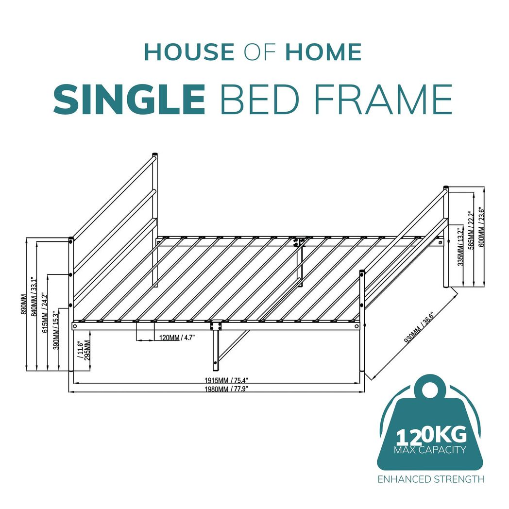 House of Home Extra Strong Silver Metal Single Bed Frame with Centre Support Legs