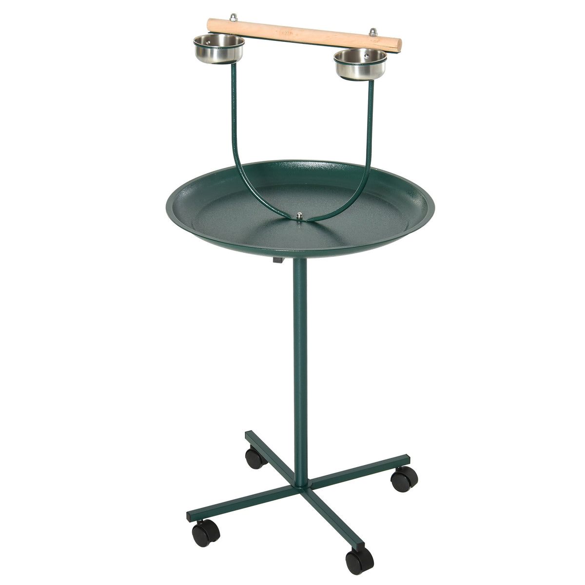 PawHut Bird Perch Stand with Wheels, Tray & 2 Stainless Steel Bowls – T-Stand for Small to Medium Birds, Green