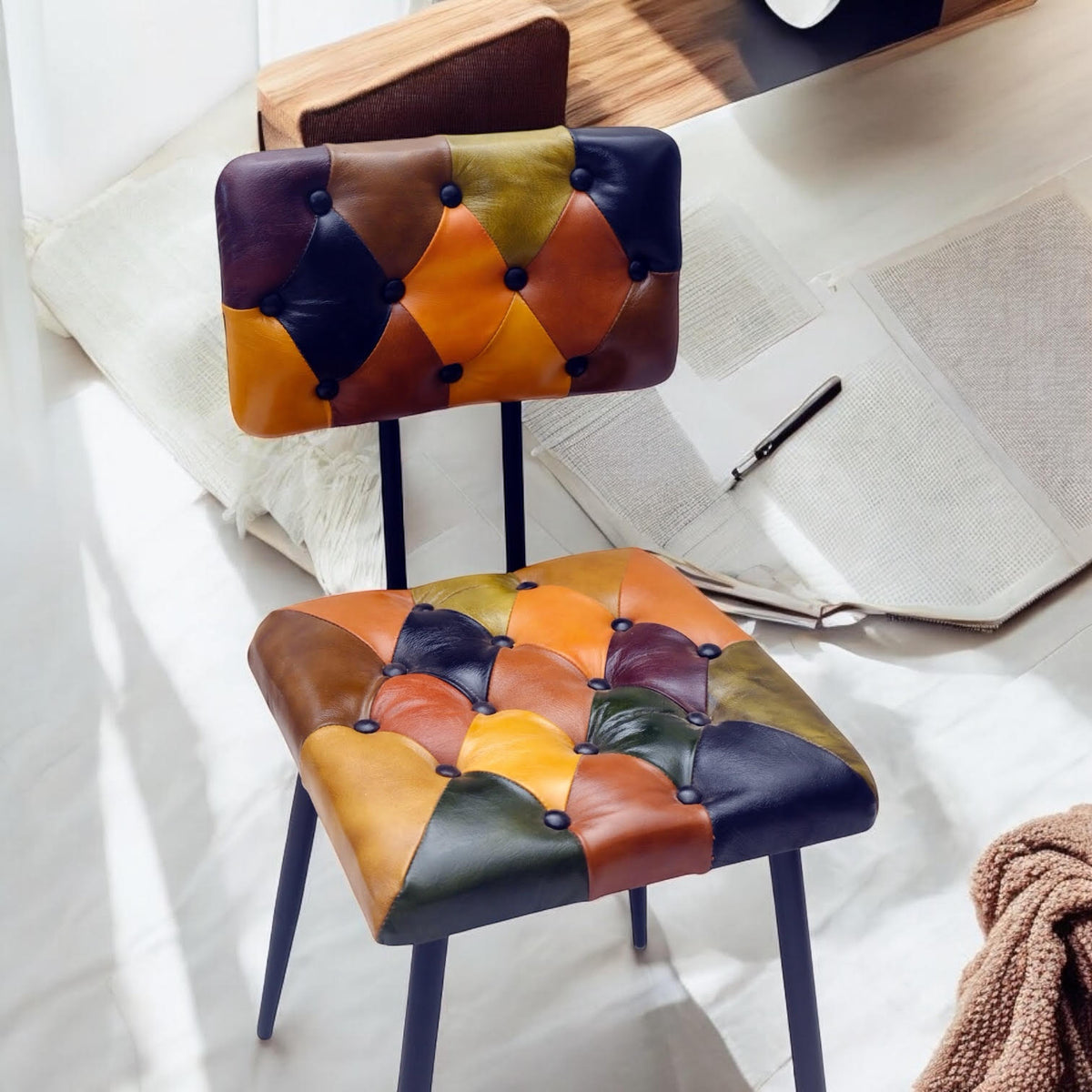 AcaciaHome Retro Patchwork Leather Dining Chair with Metal Legs – Mid-Century Style Accent Chair