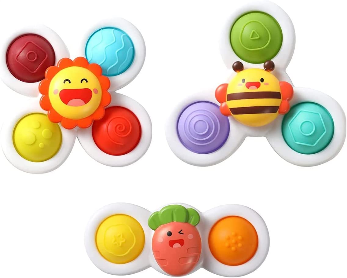 DYZI Suction Cup Spinner Bath Toys – Sensory Toys for Toddlers, Set of 3 Sun, Bee and Carrot Spinners