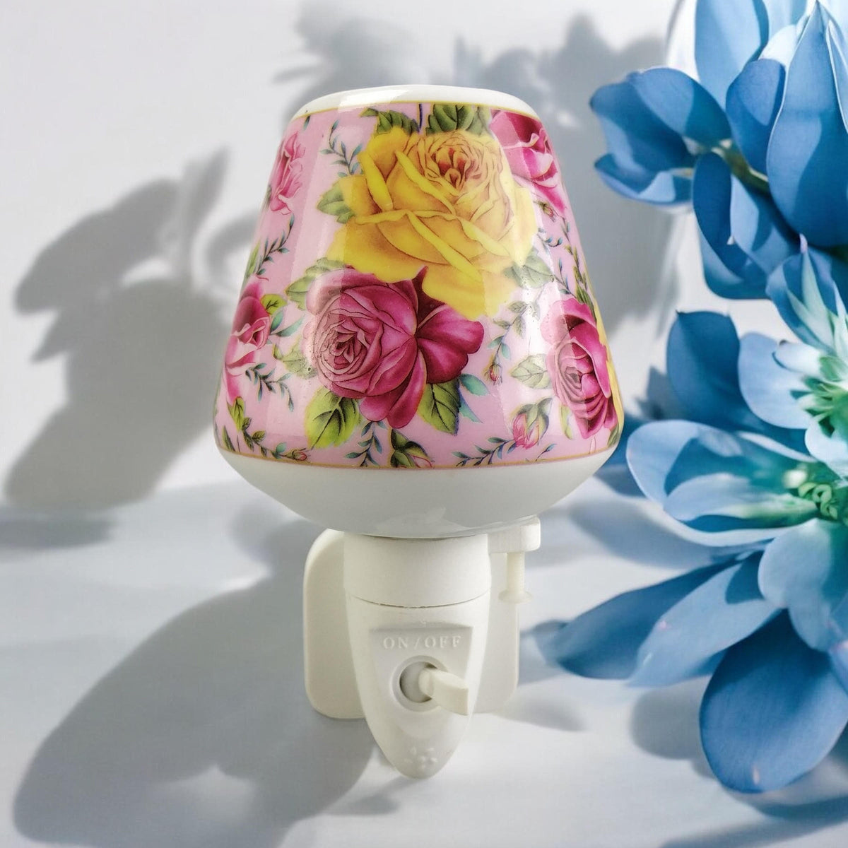 Plug-In LED Night Light with Pink and Yellow Floral Ceramic Body and On/Off Switch – Decorative Lighting for Bedrooms