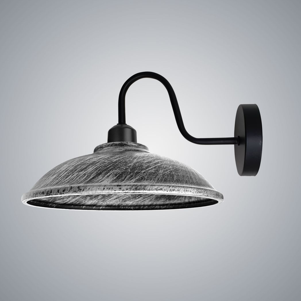 Vintage Hemisphere Wall Light with Swan Neck and E27 Socket – Dimmable Indoor Sconce, Brushed Silver