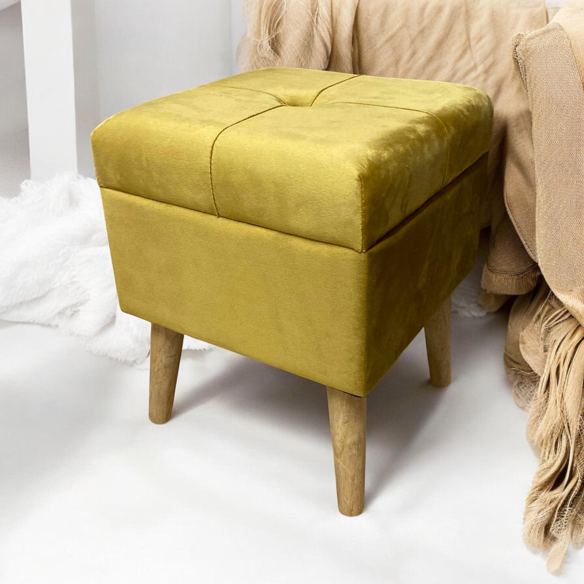 AcaciaHome Square Velvet Ottoman Footstool with Lift-Up Storage – Medium-Firm Foam Seat, Yellow