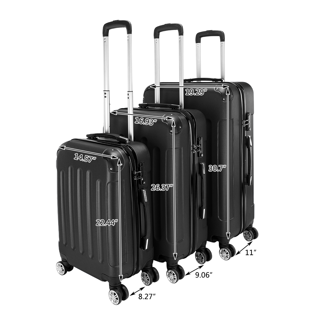 3-Piece ABS Hard Shell Luggage Set with 360° Spinner Wheels & Combination Lock – 20in, 24in, 28in, Black