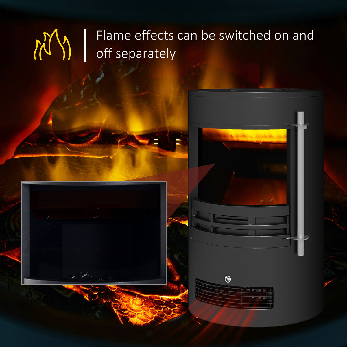 HOMCOM Electric Fireplace Heater with LED Flame Effect, 900W/1800W – Adjustable Thermostat, Black