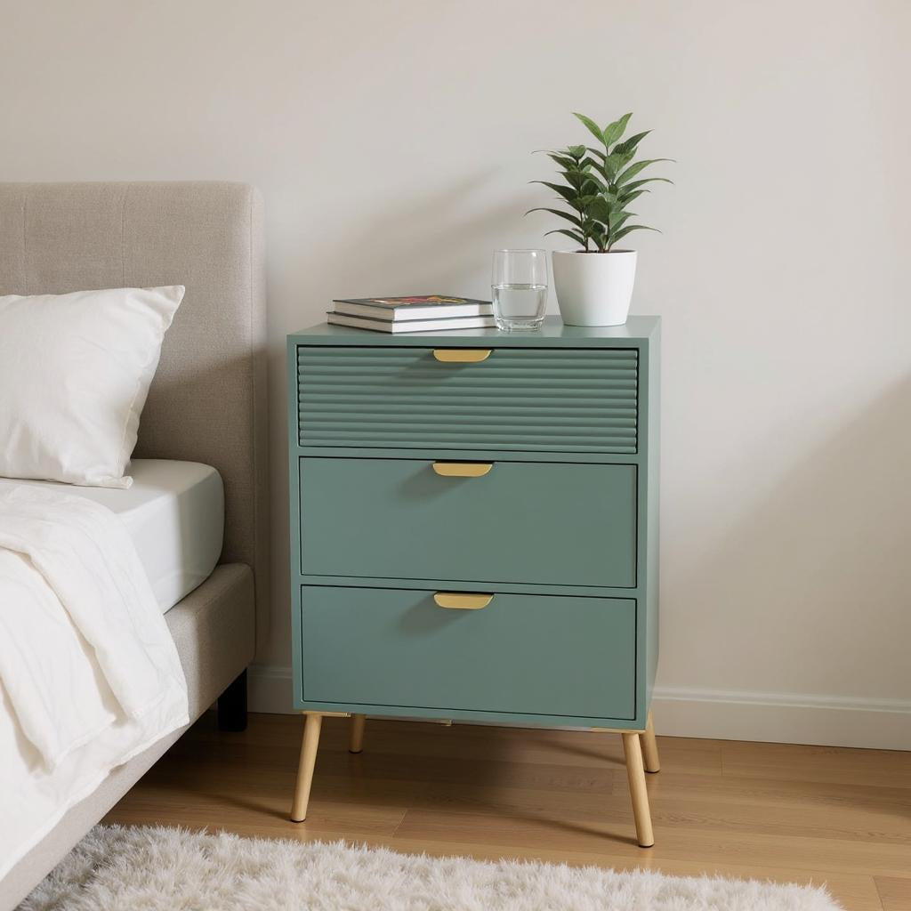 AcaciaHome Wooden 3 Drawer Chest with Solid Pine Top & Metal Handles – Compact Bedroom Storage, Green