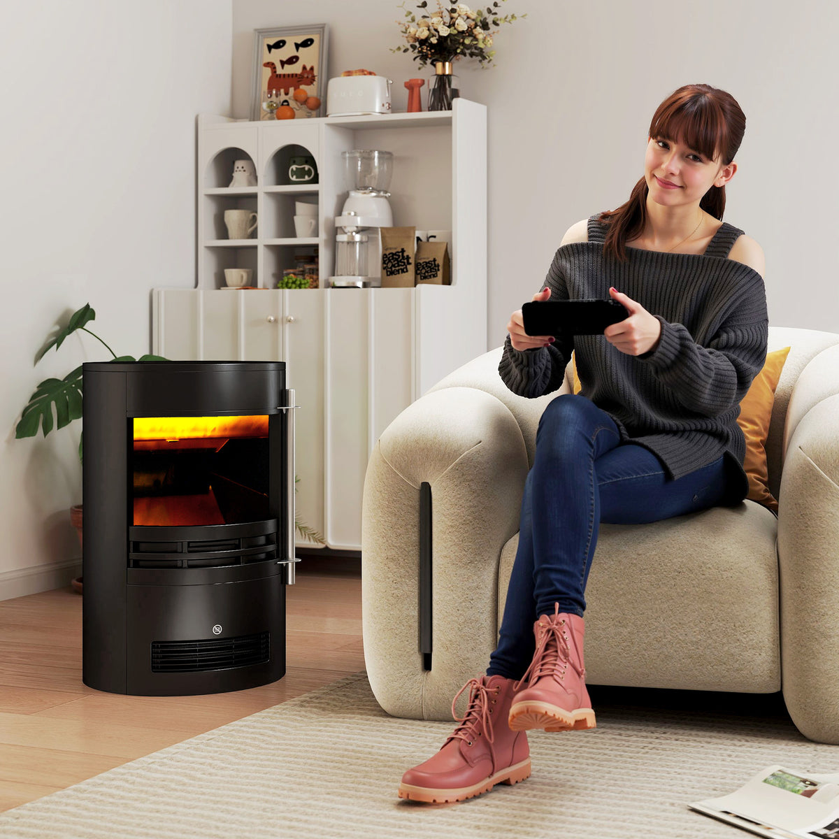 HOMCOM Electric Fireplace Heater with LED Flame Effect, 900W/1800W – Adjustable Thermostat, Black