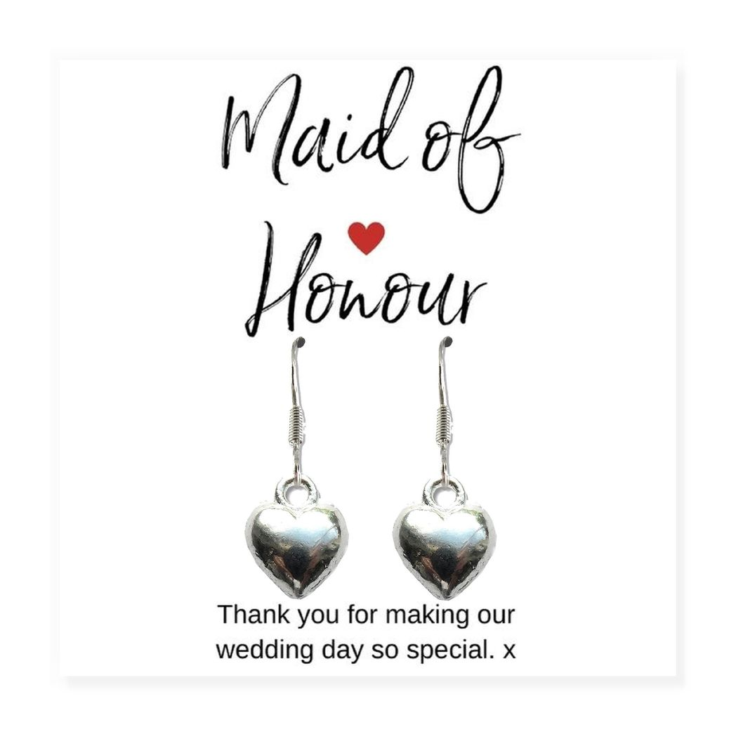 Aye Do Gifts Maid of Honour Puff Heart Drop Earrings & Thank You Card