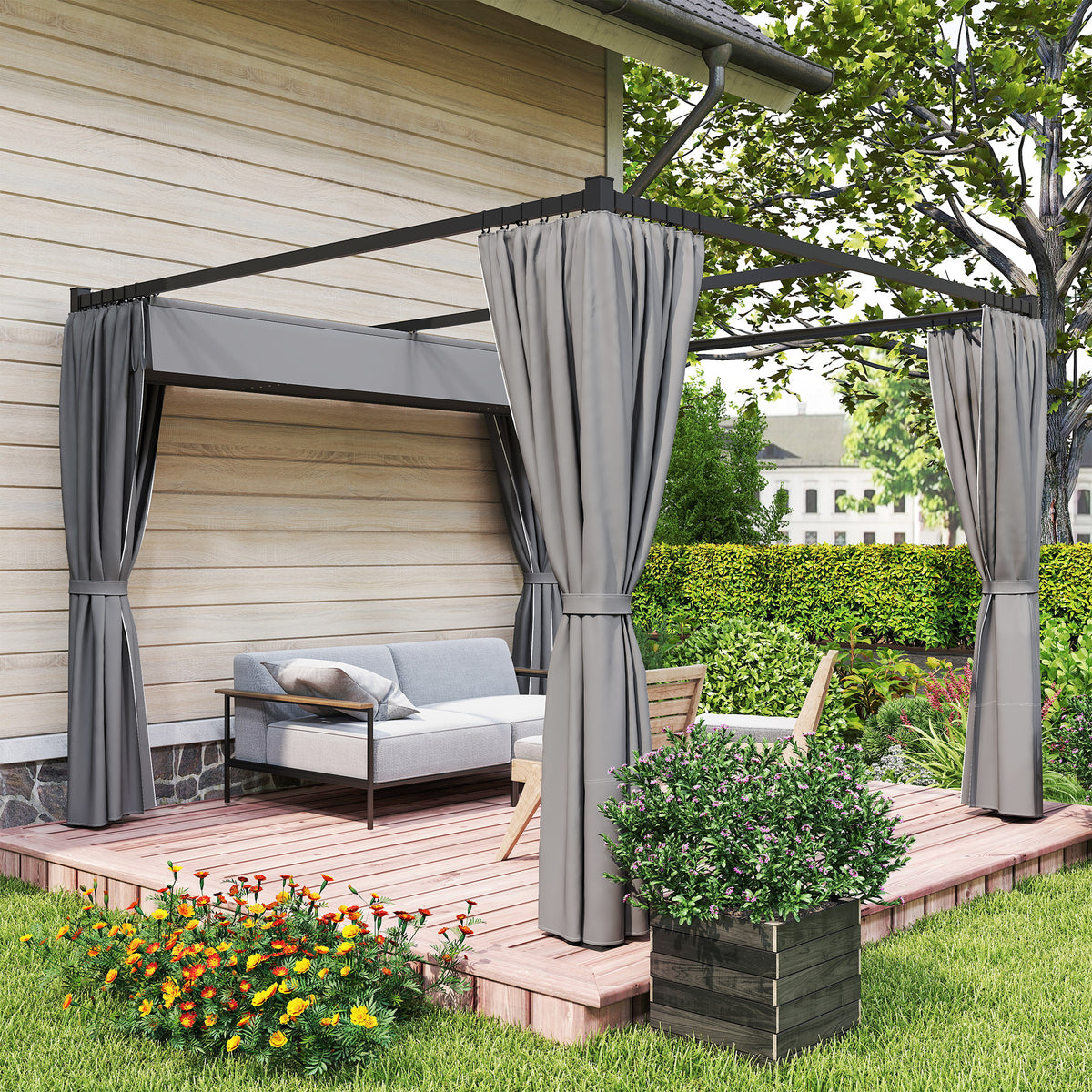 Outsunny 3x3m Retractable Pergola with PU Canopy & Privacy Curtains – Metal Frame Garden Shade, Light Grey