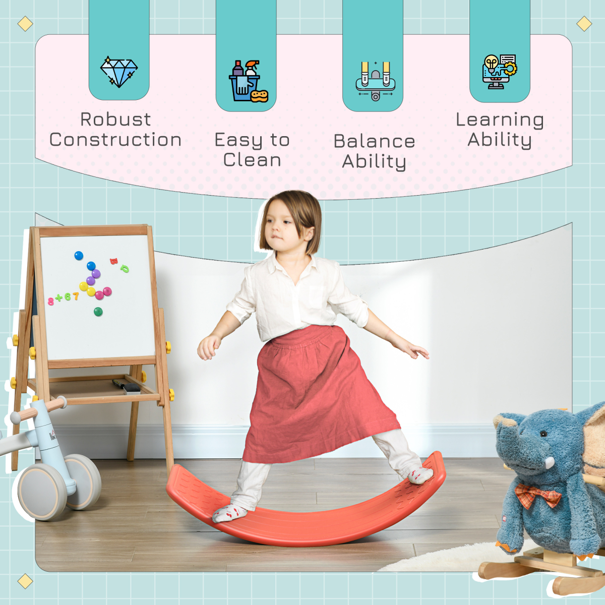 ZONEKIZ Kids Wobble Balance Board Stepping Stone – Montessori Toy for 3–6 Years, Red