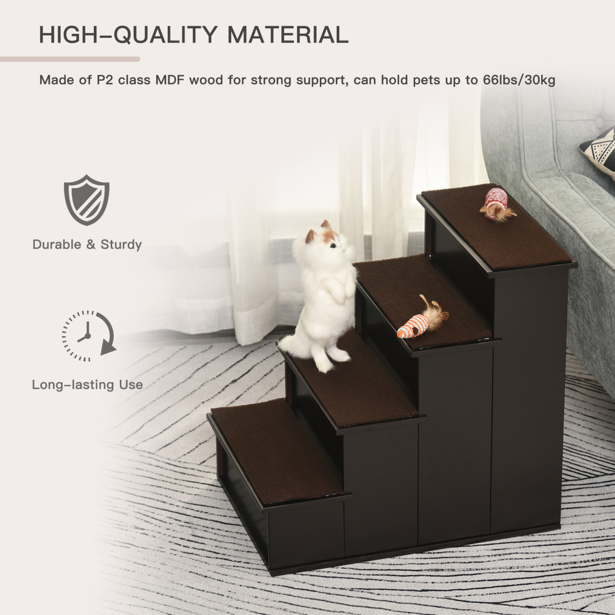 Four-Step Pet Stairs with Plush Cushioned Steps – Pet Steps for Beds & Sofas, Elderly or Mobility-Limited Pets, Brown