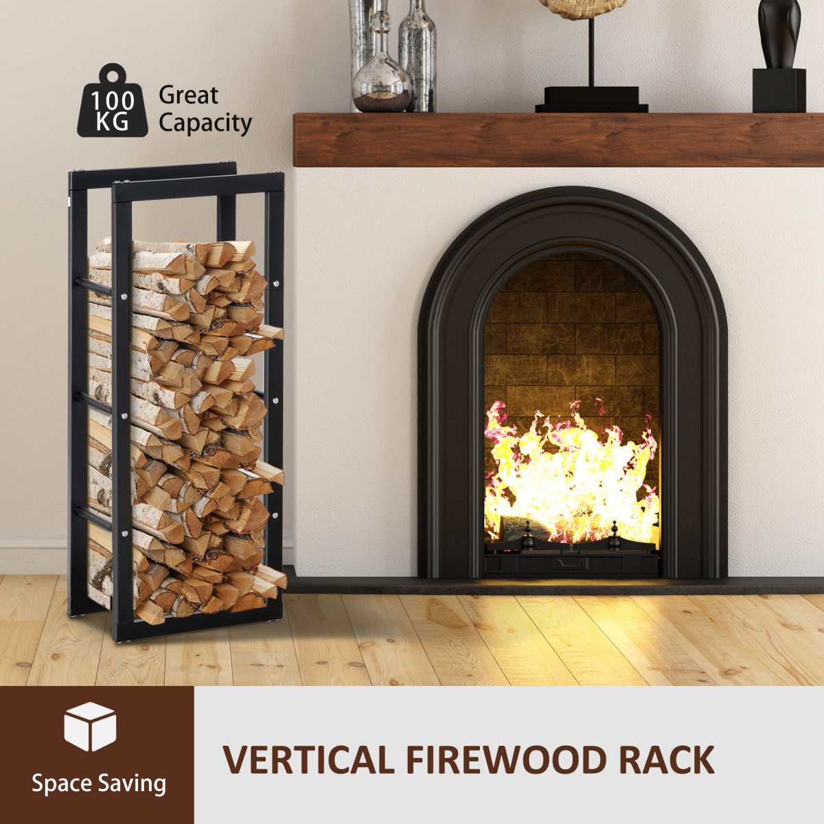 HOMCOM Rust-Resistant Metal Firewood Log Rack – Holds up to 100kg, Indoor & Light Outdoor Use, Black
