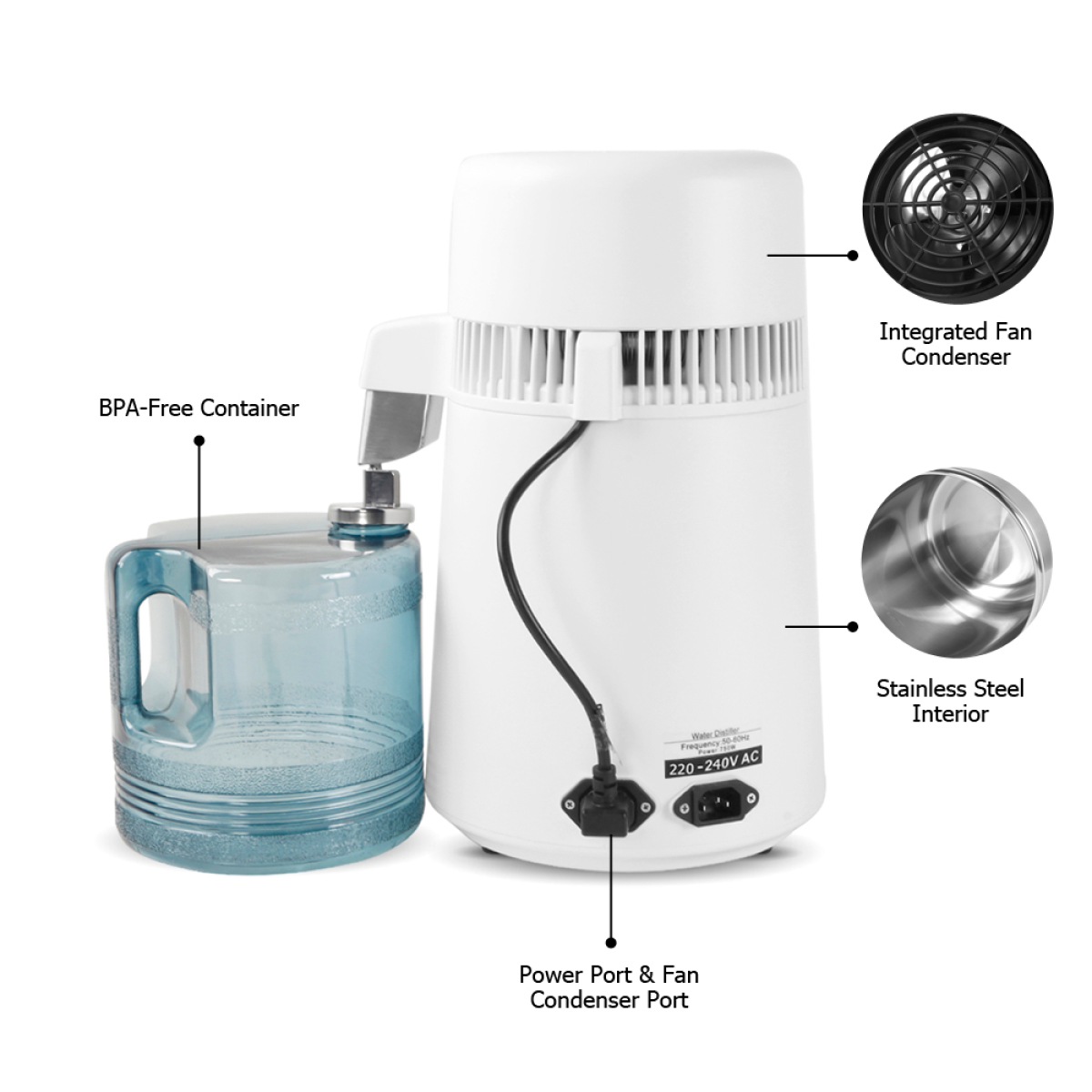 ZOKOP ZB-1 4L Distilled Water Machine, 750W with Thermostat, Stainless Steel & BPA-Free Bottle, UK Plug