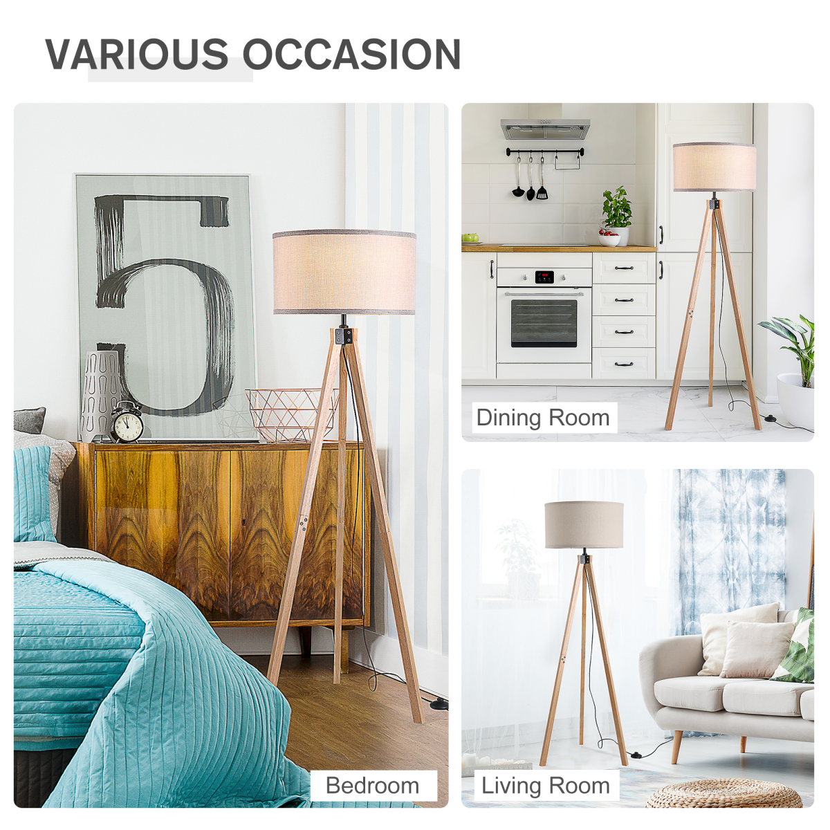 HOMCOM Rubberwood Tripod Floor Lamp with Fabric Shade – Stylish Living Room Lighting, Beige
